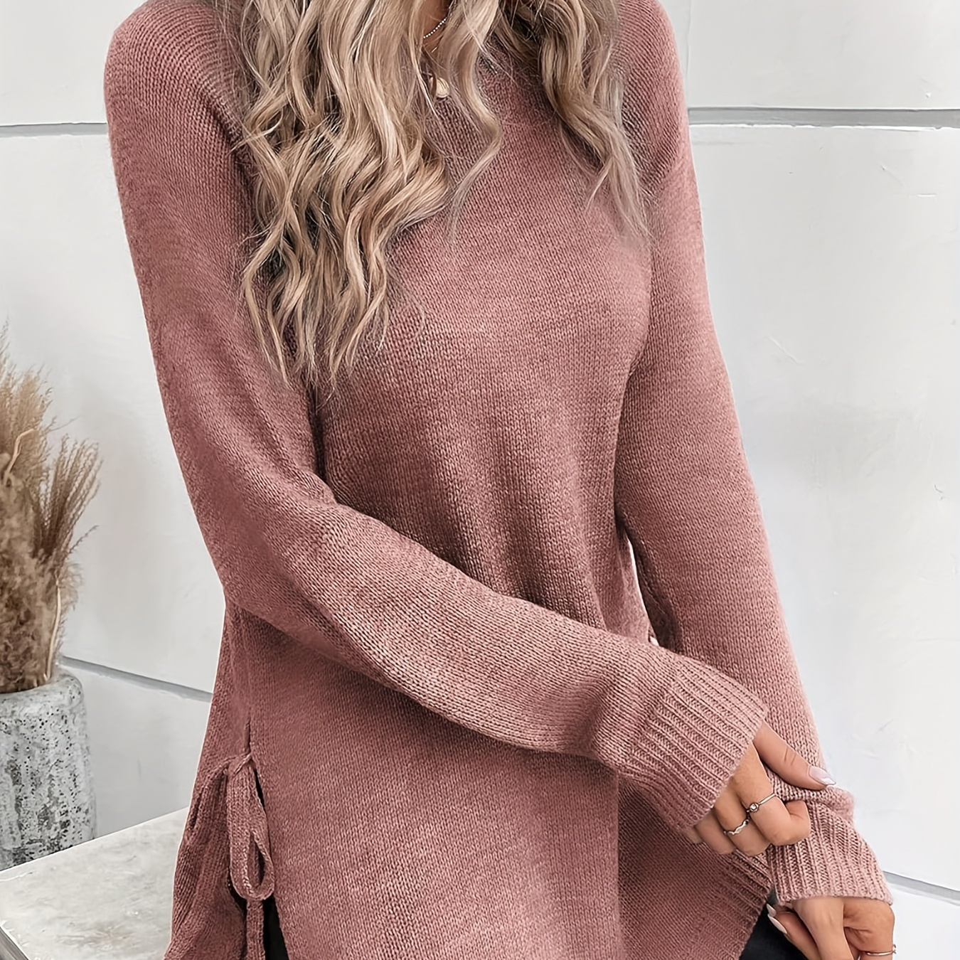 

Solid Color Crew Neck Sweater, Elegant Long Sleeve Sweater For Fall & Winter, Women's Clothing