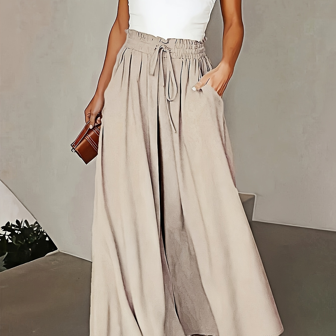 

1pc Qd111236 Women's Casual Wide Leg Pants - Solid Color Polyester 100%, Drawstring Waist, Flowing Pleated Loose Fit, Woven Fabric, Spring/summer - Adult Fashion