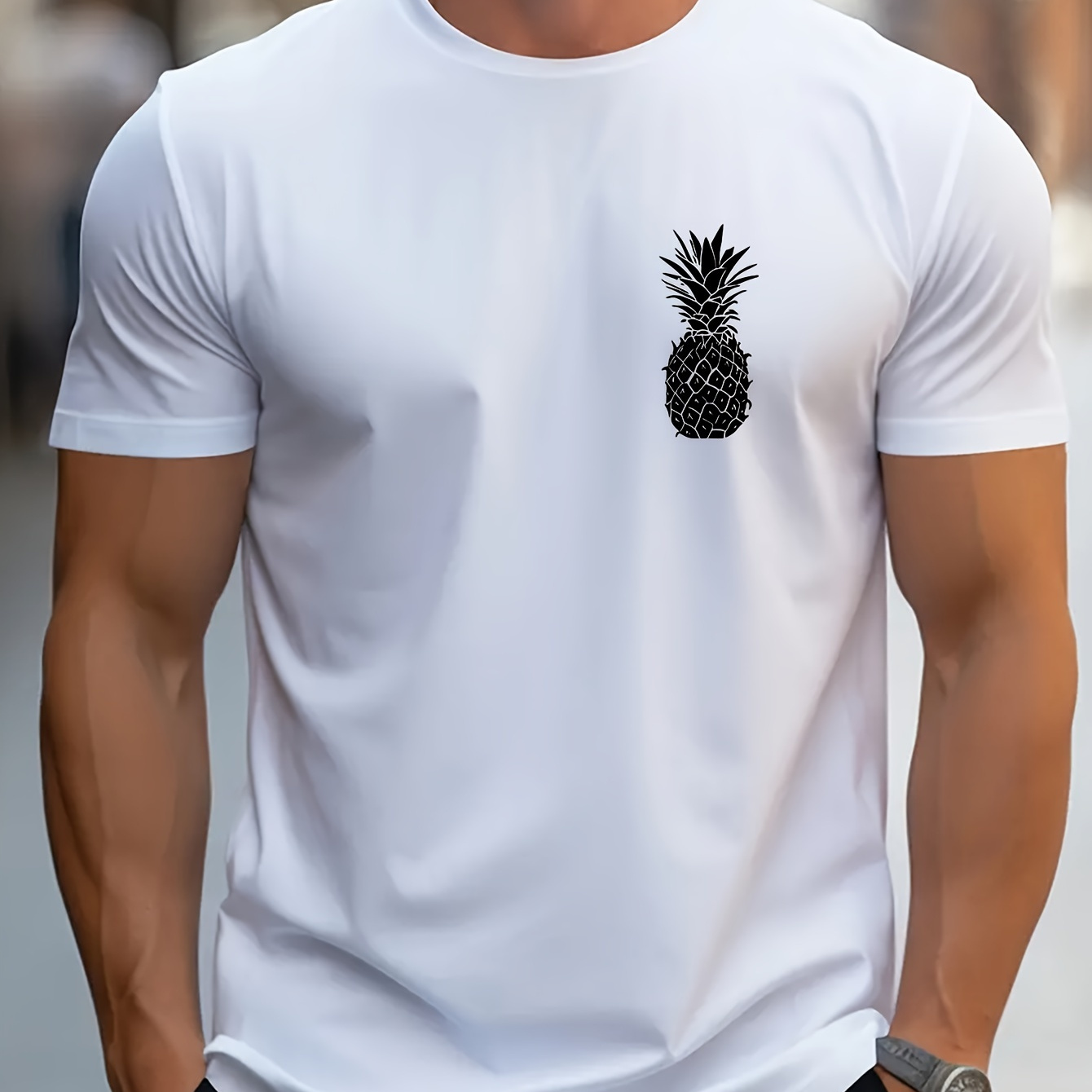 

Mini Little Logo Pineapple Print, Men's Crew Neck Short Sleeve Tee Fashion Regular Fit T-shirt, Casual Comfy Breathable Top For Spring Summer Holiday Leisure Vacation Men's Clothing As Gift