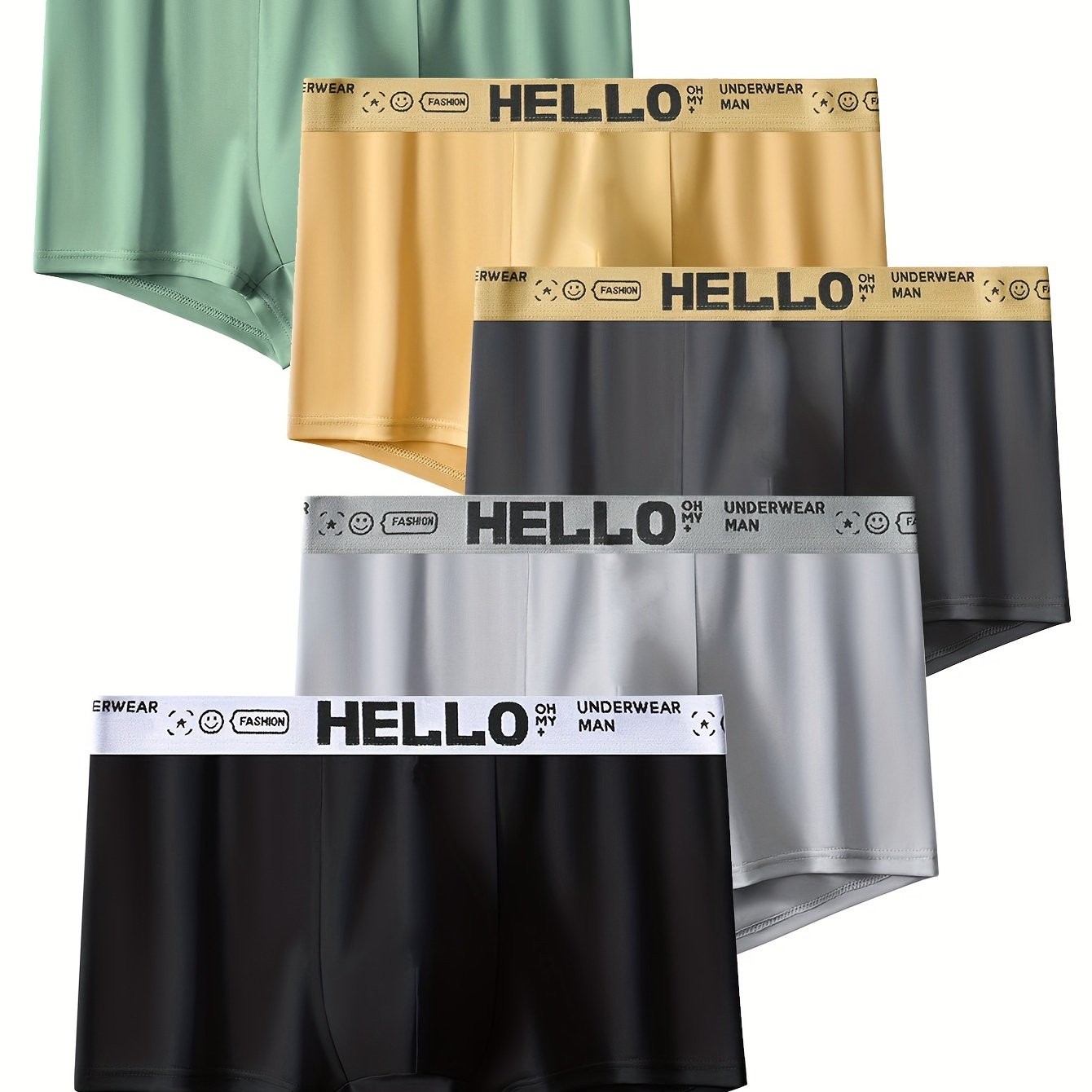 

5pcs Men's Cotton Breathable Comfy Stretchy Boxer Briefs Shorts, 'hello' Print Fashion Boxer Trunks, Men's Underwear