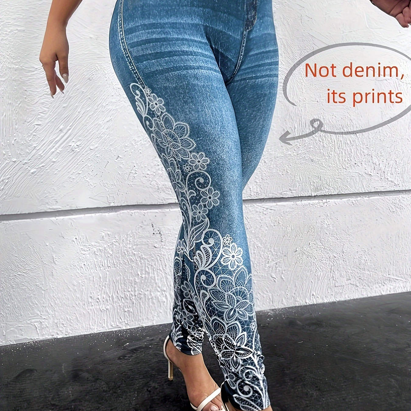 

Plus Size Denim Floral Print Leggings, Casual Zip Up Slant & Dual Pockets Skinny Leggings For , Women's Plus Size Clothing