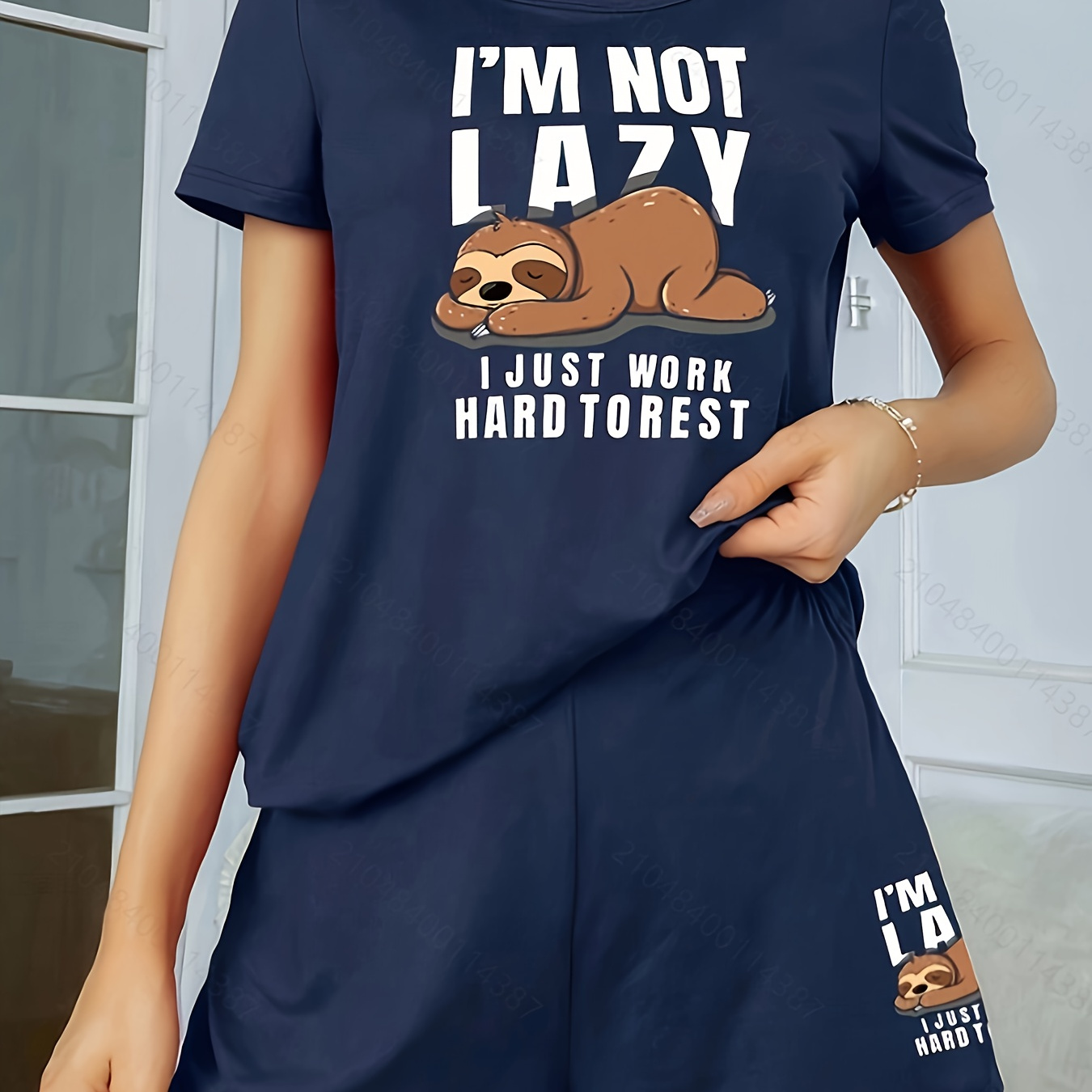 

Women's Cute Sloth Print Lounge Set, "i'm Not Lazy I Just Work Hard To Rest" Slogan, Short Sleeve Top And Shorts Loungewear Set