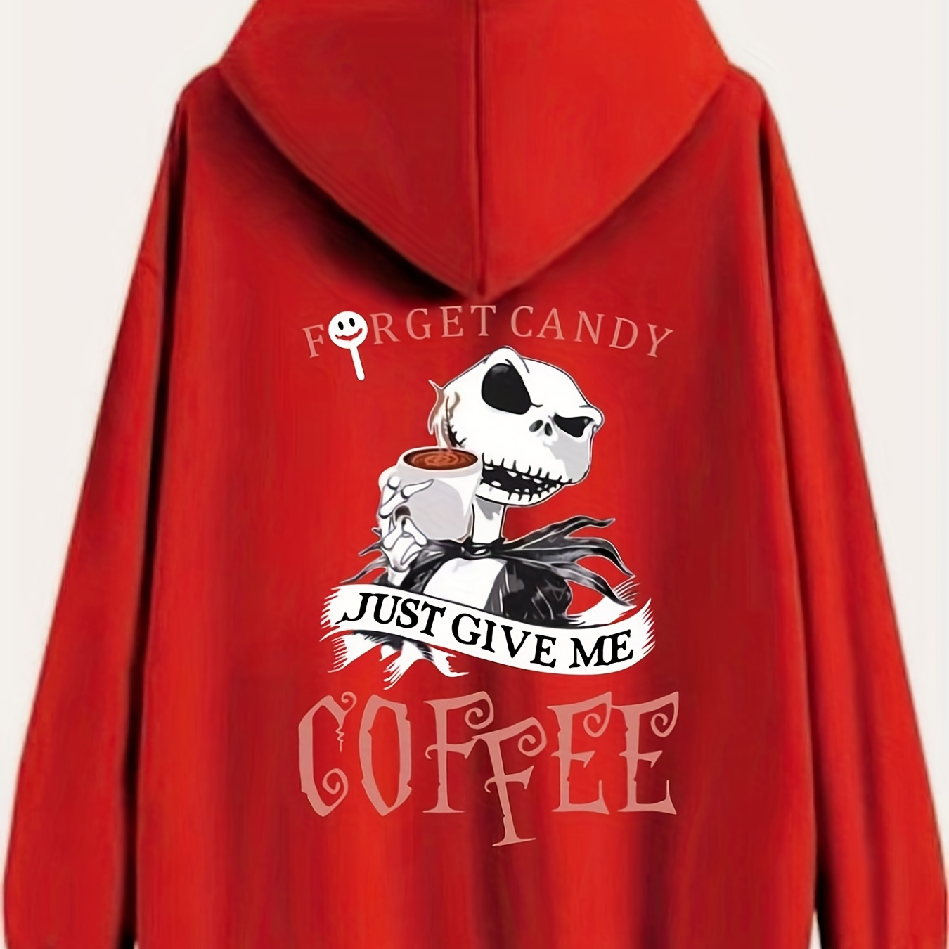 Plus Size Casual Sweatshirt, Women's Plus Skull & Slogan Print Long Sleeve Hooded Drawstring Medium Stretch Sweatshirt With Kangaroo Pocket