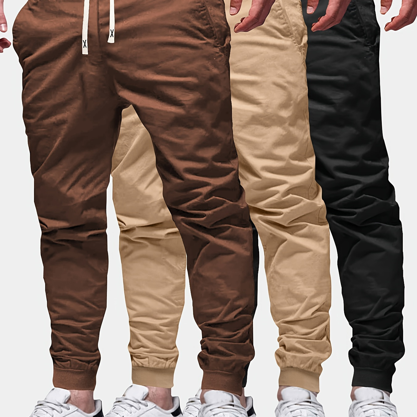 

3pcs Solid Color Men's Regular Fit And Cuffed Sweatpants With Drawstring And Pockets, Chic And Trendy Trousers For Spring And Autumn Outdoors And Sports Wear