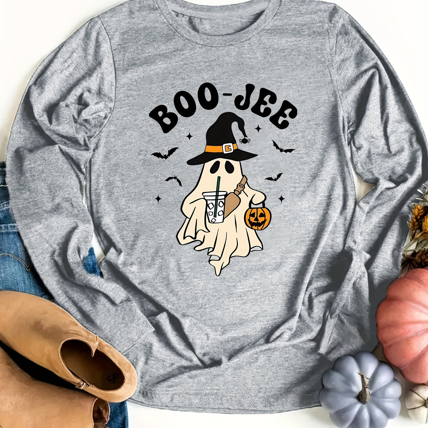 

Women's Long Sleeve Halloween T-shirt, "boo-jee" Ghost With Boba Graphic, Casual Round Neck, Retro Style, Fashion Autumn Winter Top