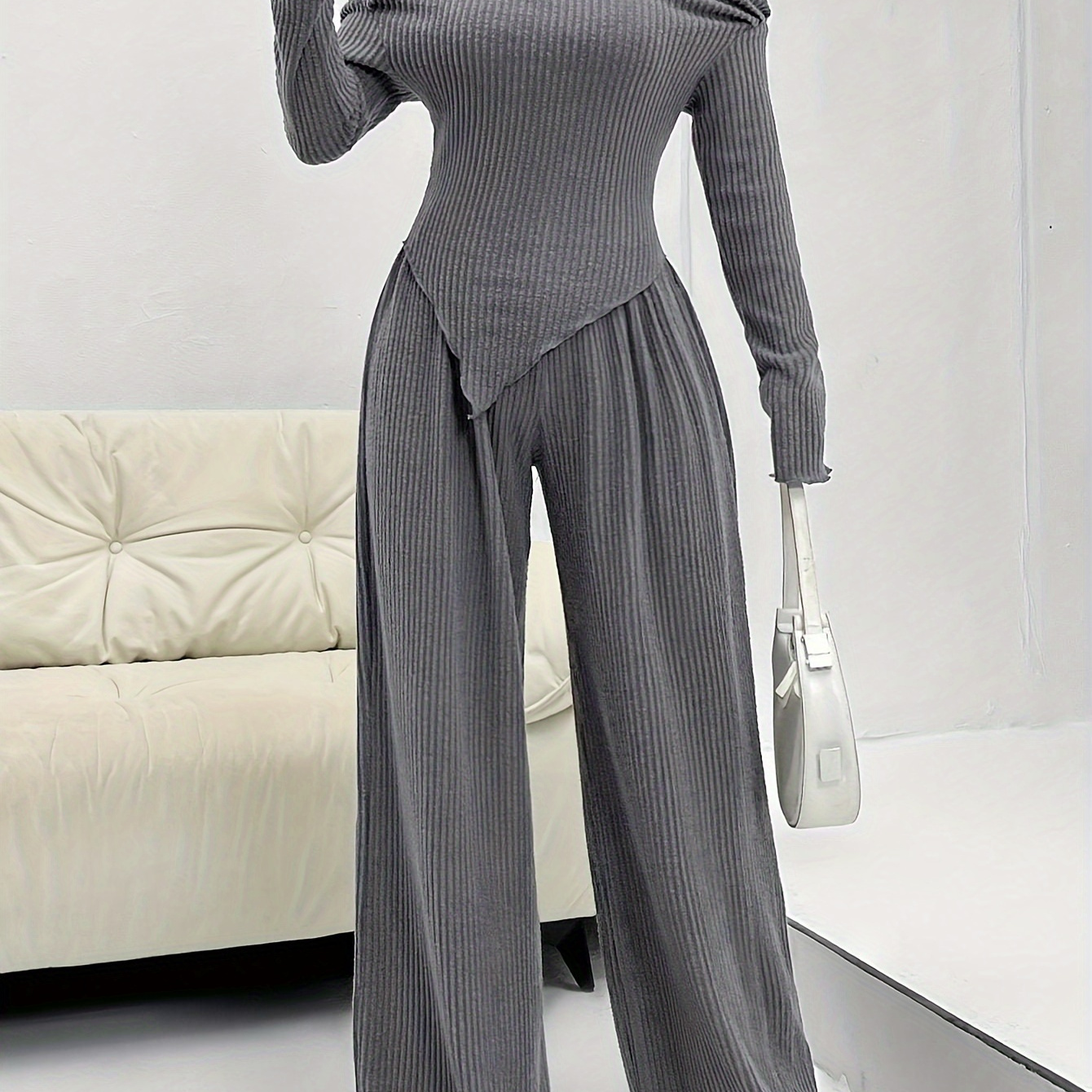 

Autumn/winter Polyester And Elastane Set, Includes Long Sleeve Top And Wide Leg Pants, Asymmetrical Neckline, Knitted Fabric With Micro Stretch, No Print