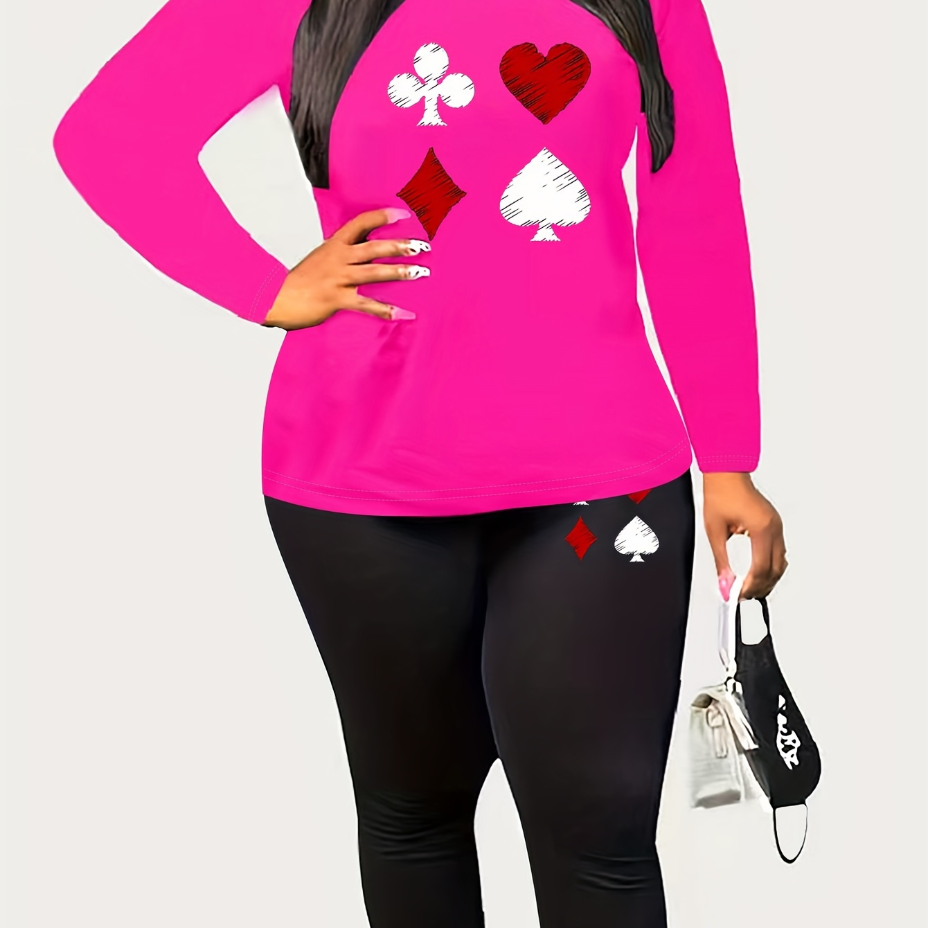 

Plus Size Casual Outfits Set, Women's Plus Poker Print Long Sleeve Round Neck Top & Leggings Outfits 2 Piece Set