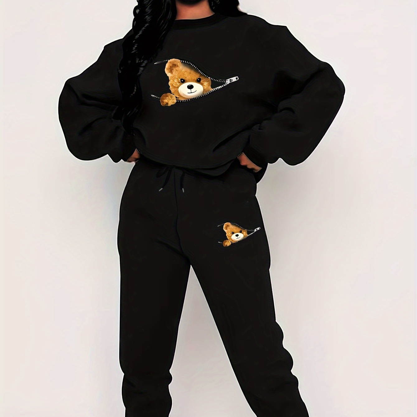 

Teddy Casual Pantsuits, Long Sleeve Crew Neck Sweatshirt & Waist Pants Outfits, Women's Clothing