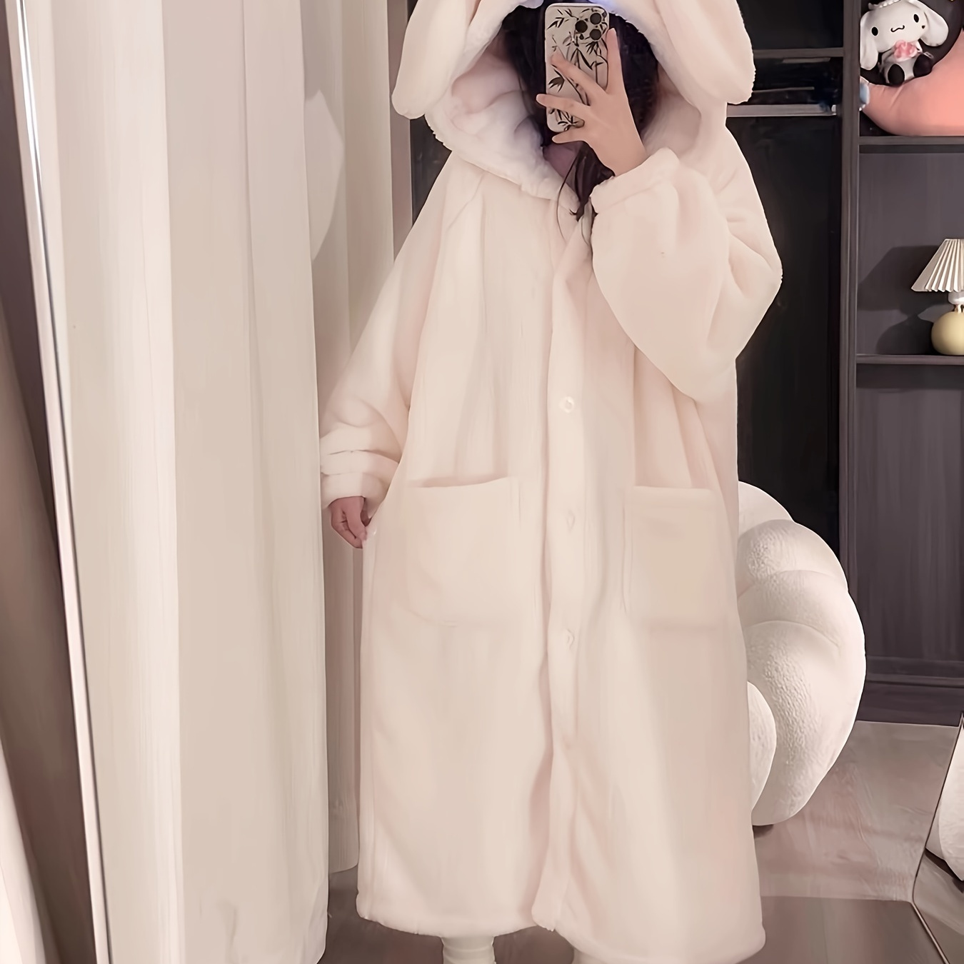 

Cute Rabbit Hooded Fleece Night Robe, Thickened Long Sleeve Button Up Robe With Pockets, Women's Sleepwear & Dresses
