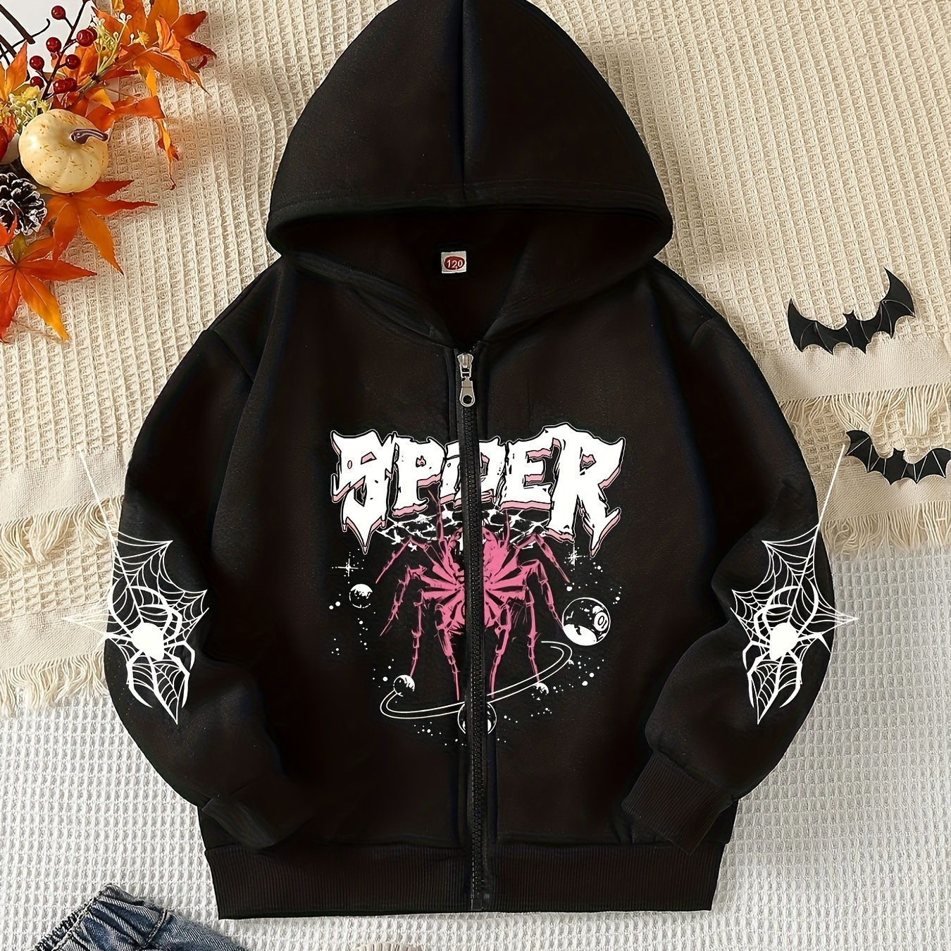 

Girls Gothic Style Spider Print Zipper Hoodie Lightweight Hooded Sweatshirt Cardigan