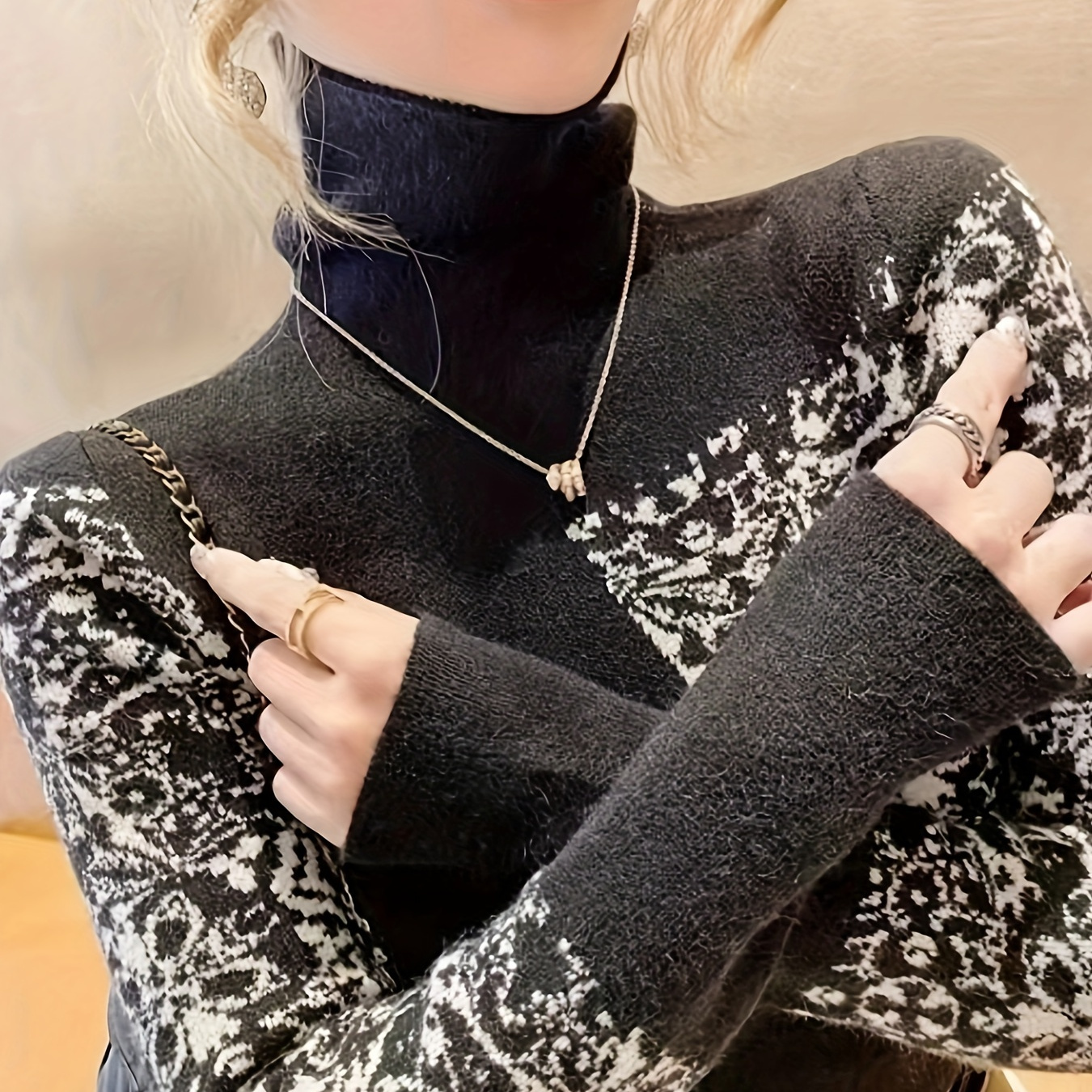 

Elegant High Neck Pullover For Women - 100% Polyester Knit Fabric Sweater, Fall/