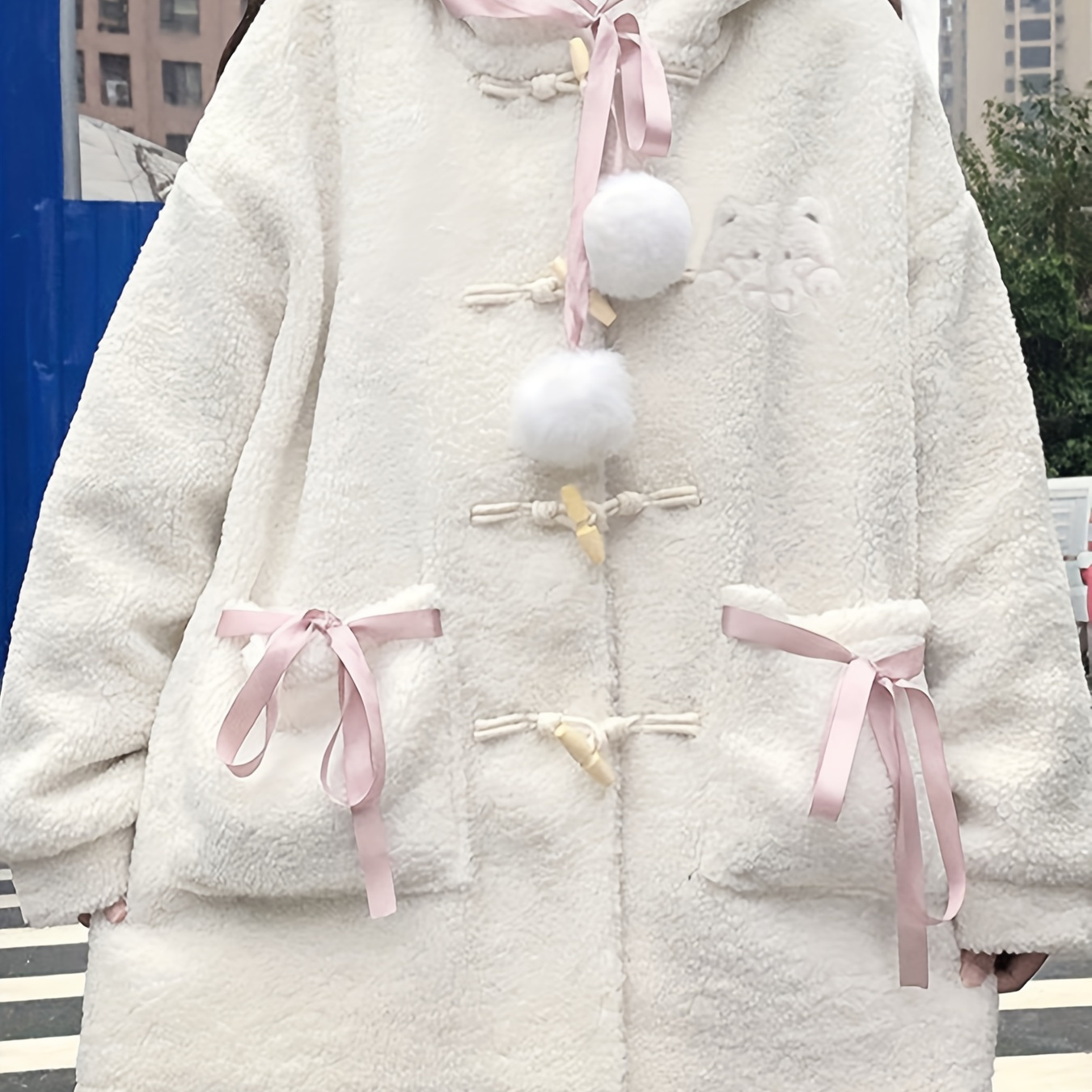 

2024 Autumn And Winter New Cute And Sweet Hooded Sweatshirt, Loose Lazy Style, Thickened Plush Cardigan With Toggle Buttons, Long-sleeved Mid-length Cardigan, Casual Outerwear For .