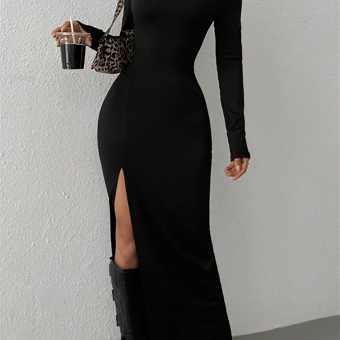 

Elegant Black Knit Dress For Women - Crew Neck, Long Sleeve With High Thigh Slit, Machine Washable - Spring/summer