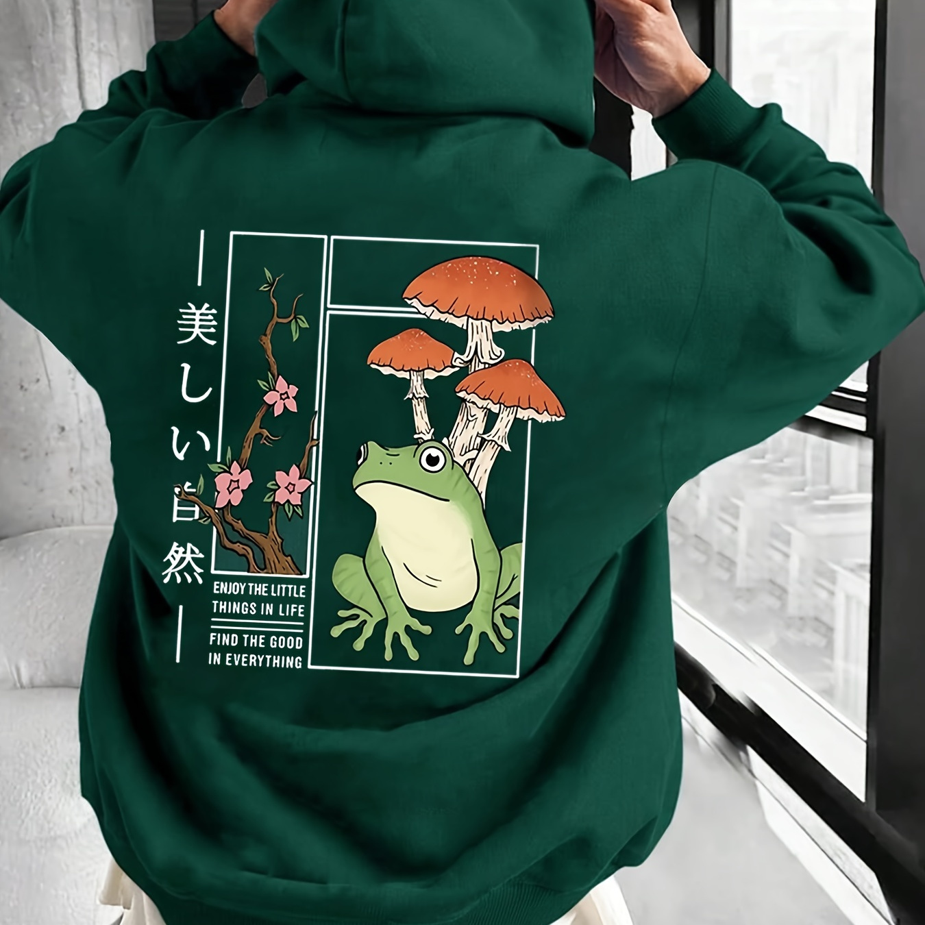 

Casual Men's Hooded Sweatshirt With Frog Print - Polyester 100%, Loose Fabric Hoodie With Alphabet Detail And Front Pocket