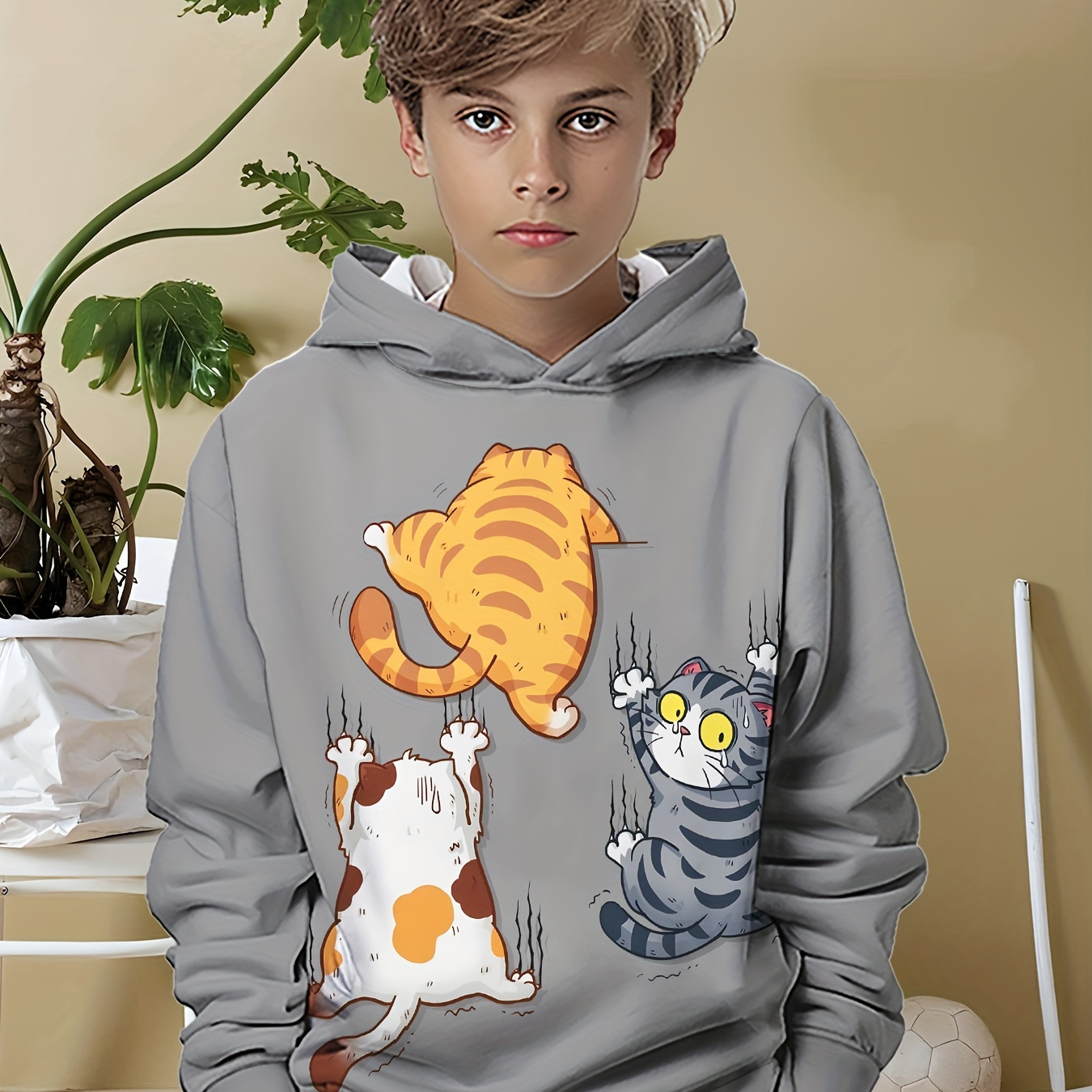 

Cute Kittens Pattern Print Boy's Long Sleeve Hoodies, Spring Autumn Cozy Hooded Sweatshirts For Outdoor Casual Activities