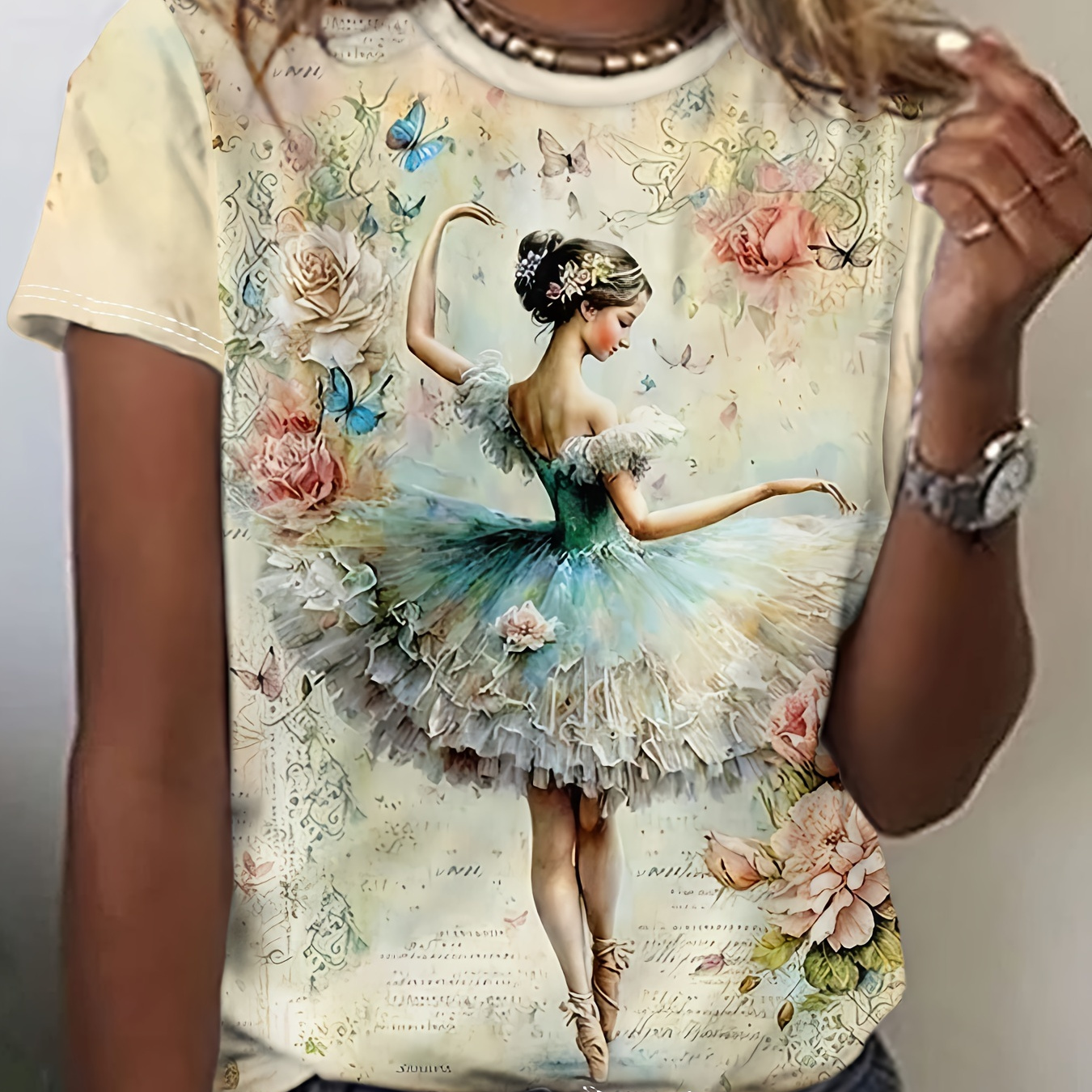 

Ballet Girl Print T-shirt, Short Sleeve Crew Neck Casual Top For Summer & Spring, Women's Clothing
