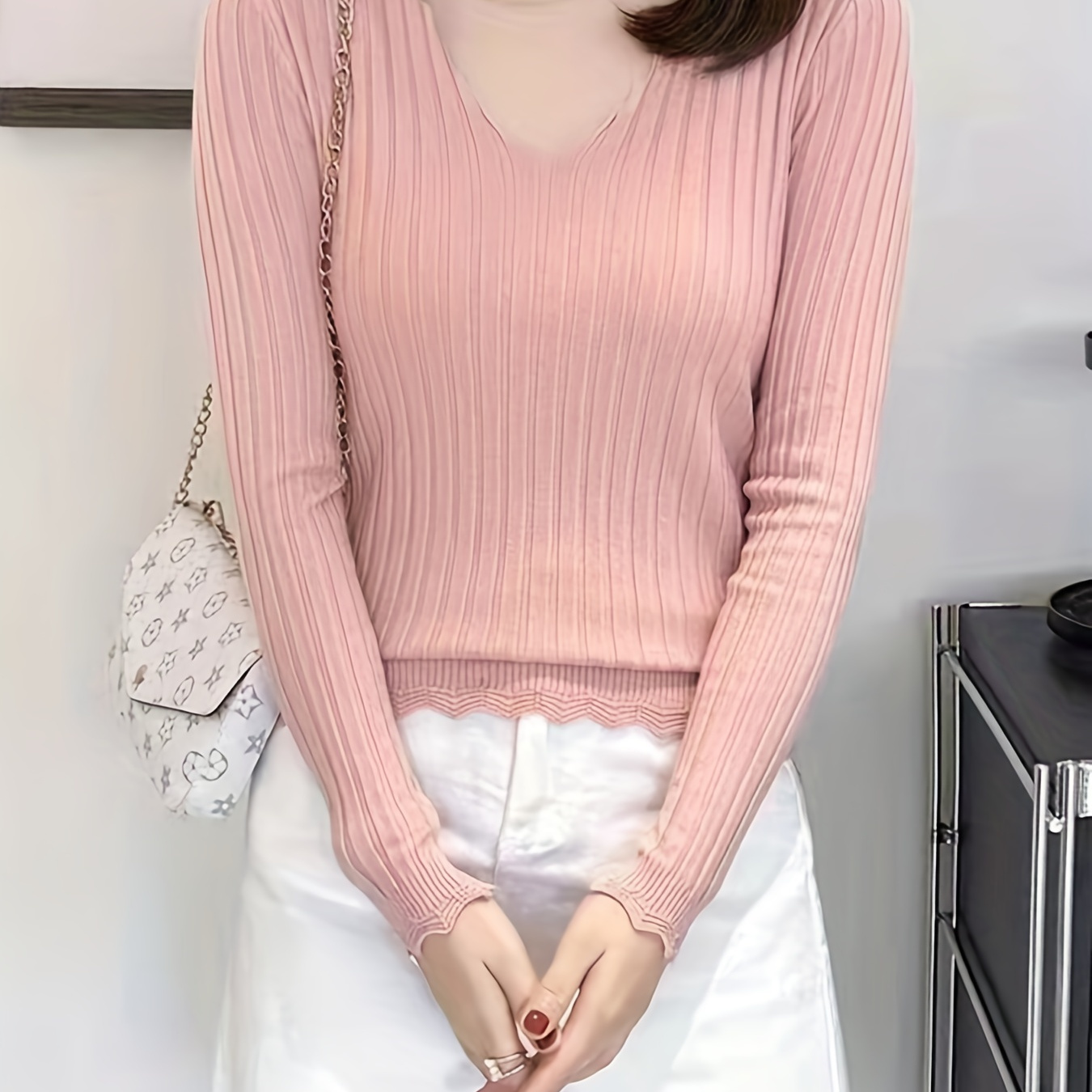 

Solid V Neck Rib Knit Sweater, Elegant Scallop Trim Long Sleeve Slim Top, Women's Clothing