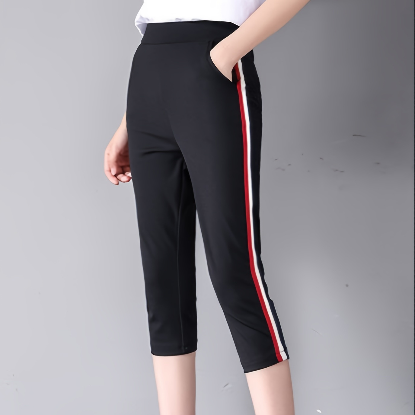 

Women's Capri Leggings, Stretchy High Waist Skinny Pants, Comfortable Yoga Trousers With Colorful Side Stripe, Sports Style