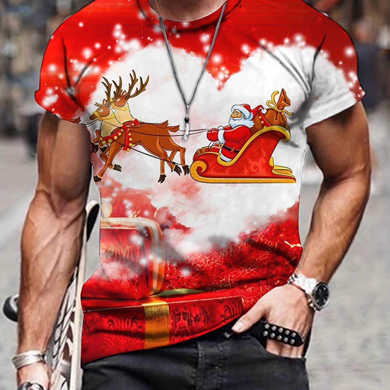 

Christmas Santa Claus And Deer Print, Men's Graphic T-shirt, Casual Comfy Tees For Summer, Mens Clothing