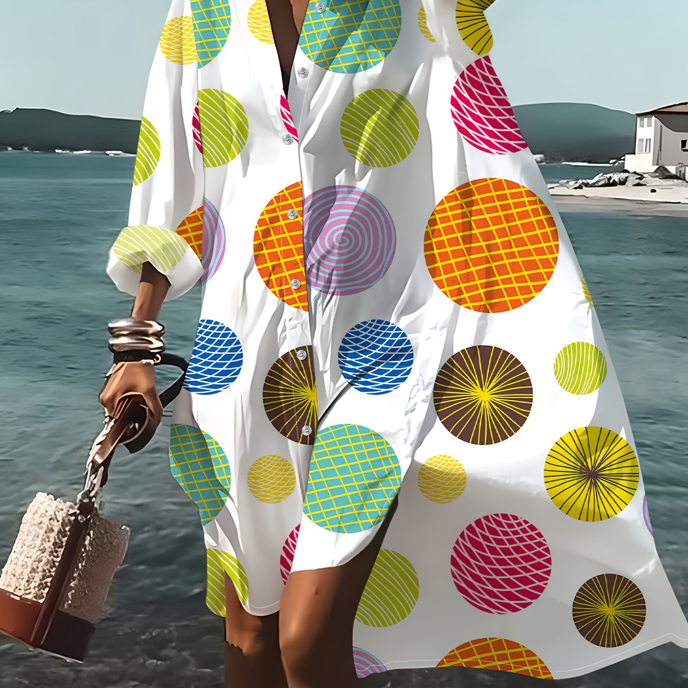 

Circle Print Button Front Shirt Dress, Vacation Style Long Sleeve Loose Cover Up Dress For Spring & Summer, Women's Clothing