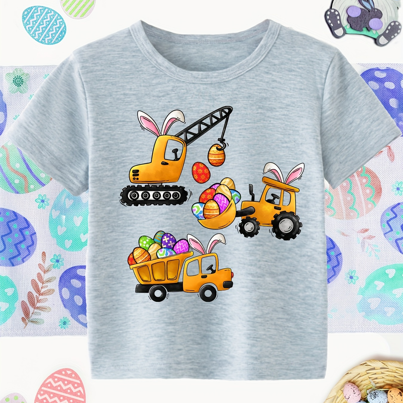 

Boys Easter 3 Cars Carry Easter Eggs T-shirt Tee Top Short Sleeves Crew Neck Summer Casual Kids Clothes