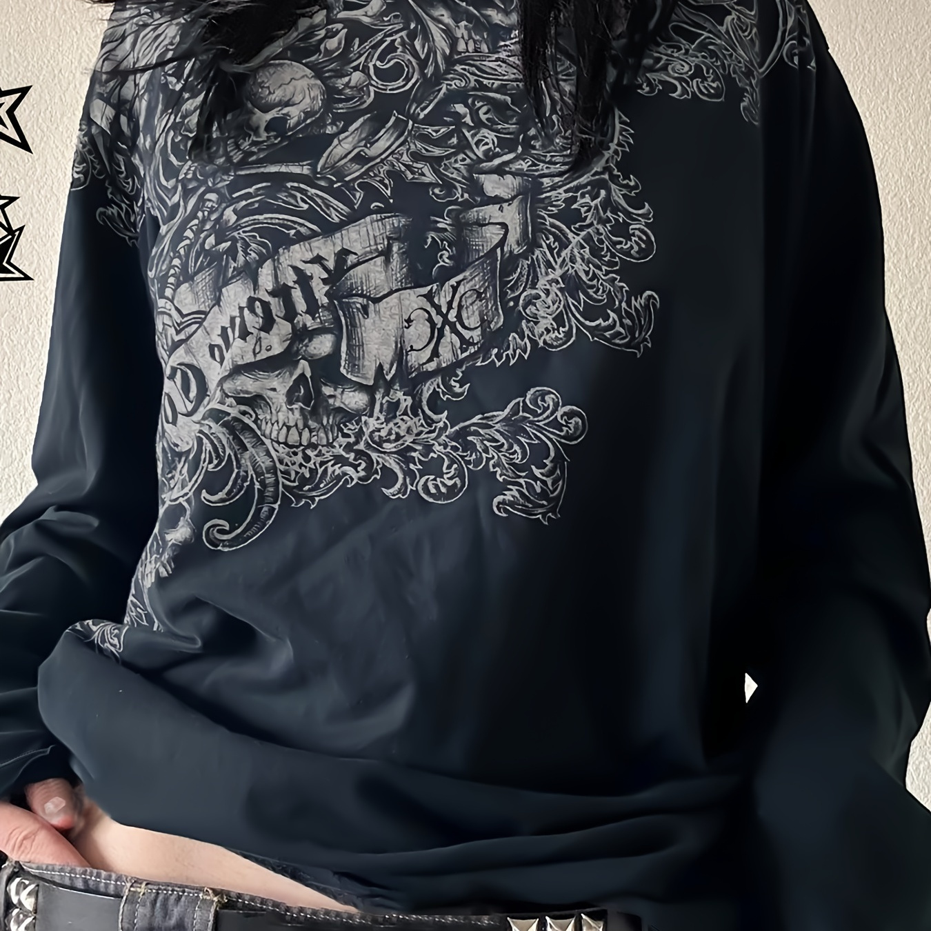 

Skull Print Crew Neck T-shirt, Y2k Long Sleeve T-shirt For Spring & Fall, Women's Clothing