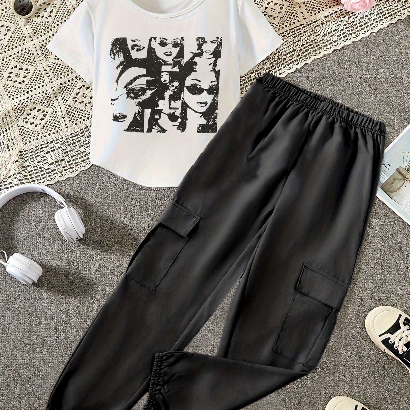 

Girls Vintage 2pcs, Portrait Graphic T-shirt Top & Solid Cargo Trousers, Sports Outdoor Girls Set