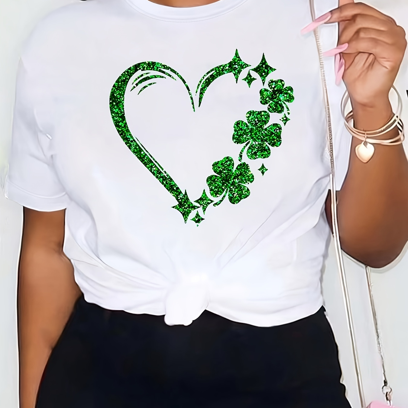 

1pc Women's 's Day T-shirt, Glittering Shamrock & , Casual Crew Neck, Short Sleeve, Polyester Knit Fabric, Regular Length, Top