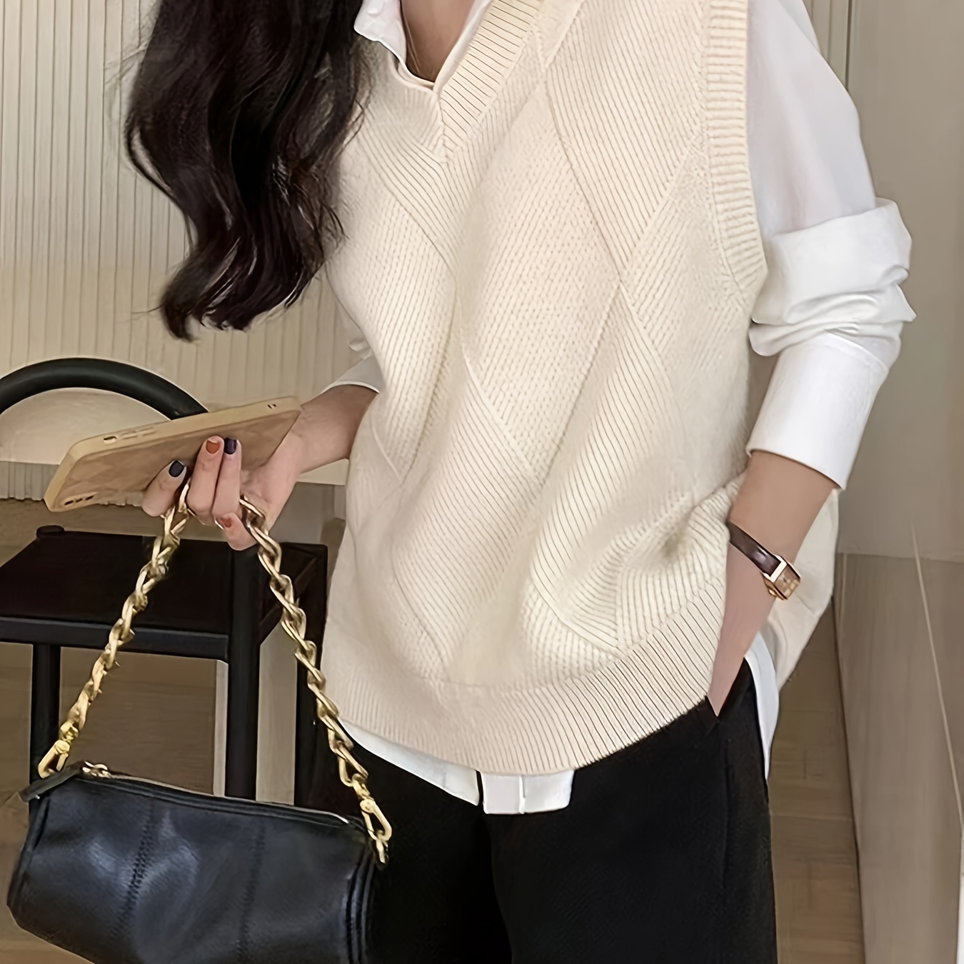 

Cozy Knit Sweater Vest For Women - Casual Solid Color, V-neck, Fall & Winter