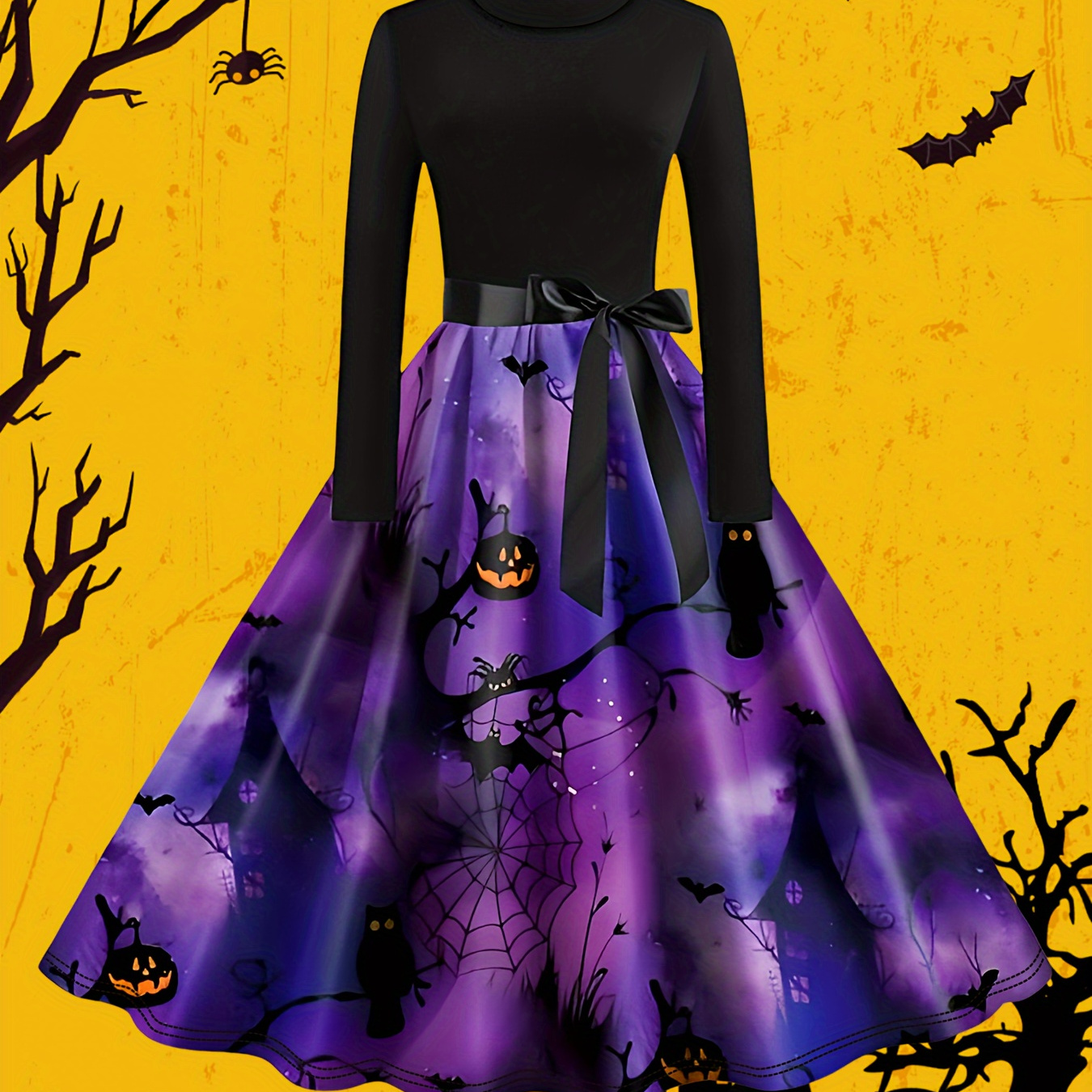 

Robe Élégante de Mode pour Halloween et Noël pour Femmes - Imprimé Numérique Tendance, Manches Longues avec Détail de Ceinture, Polyester, Lavable en Machine