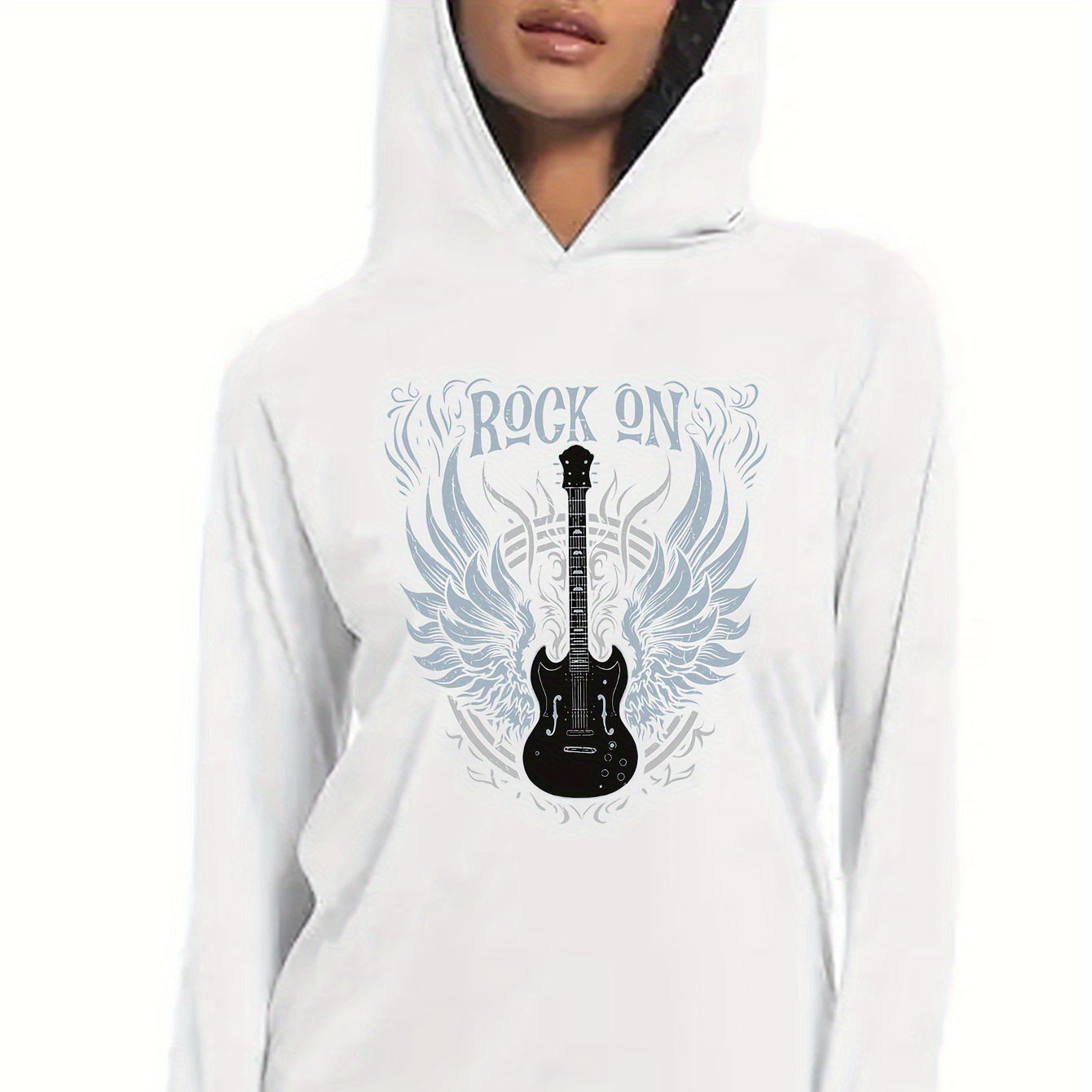 

Women's Casual Hoodie With Guitar & Wings Print - Long Sleeve, Polyester , Machine Washable - Fall/winter