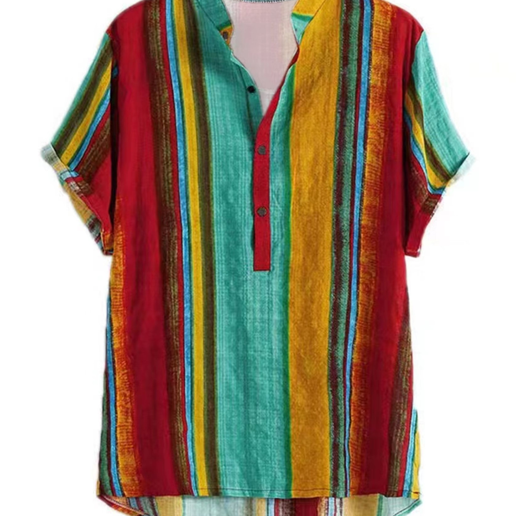 

Colorful Stripe Mismatch Pattern Print Men's Casual Short Sleeve Shirt, Men's Random Cut Shirt For Summer Vacation Resort