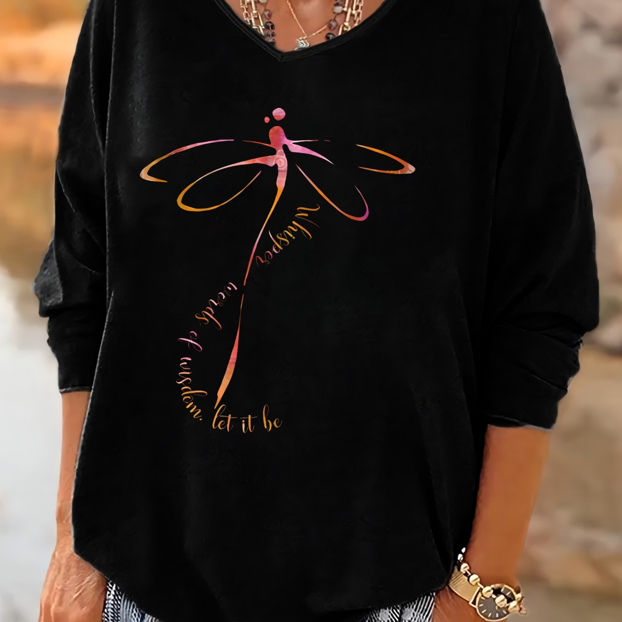 

Size V-neck Top With Abstract Dragonfly & Letter Print, 3/4 Sleeve - Knit Fabric For & Party Wear