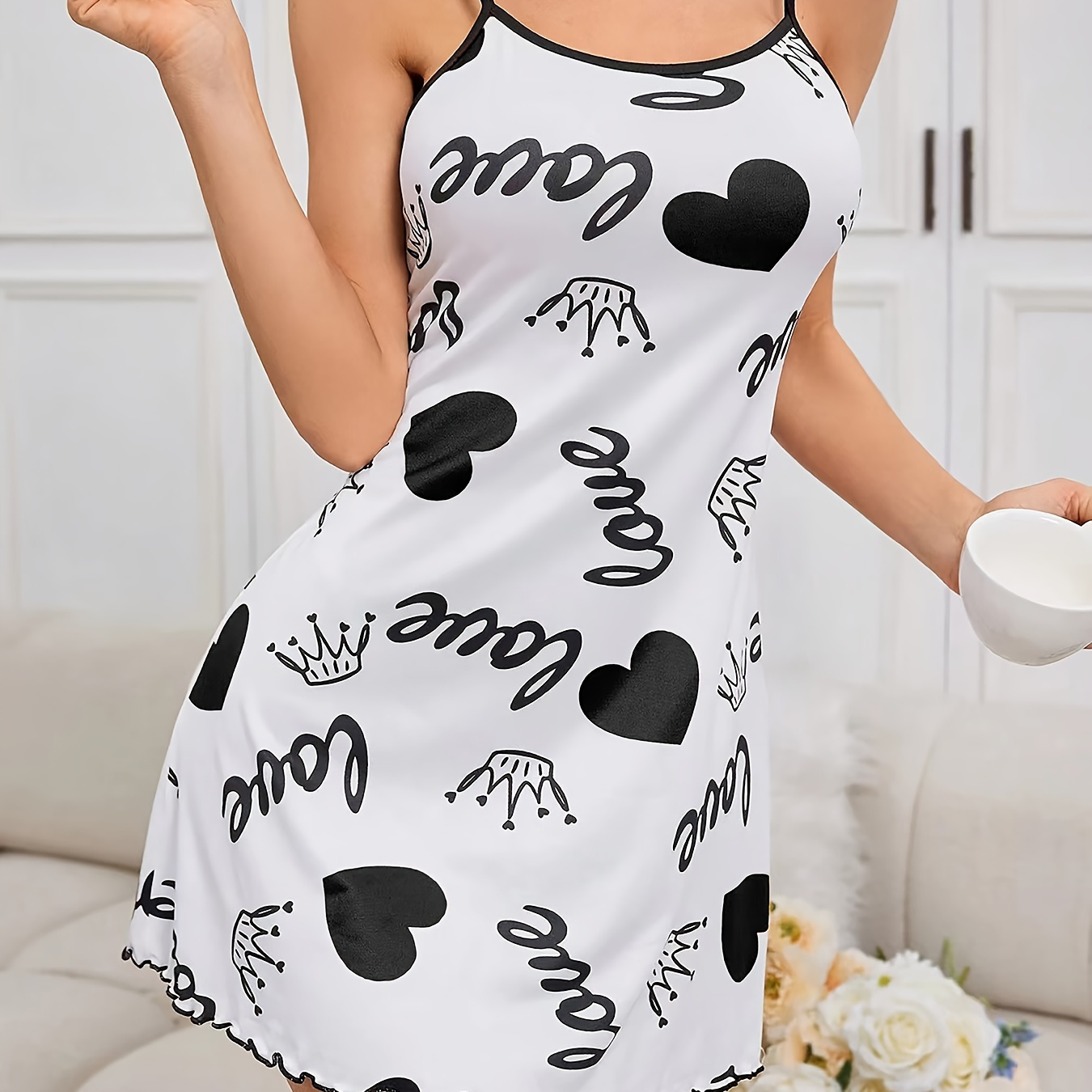 

Women's Heart & Crown & Letter Print Casual Frill Trim Sleepwear Dress, Round Neck Backless Slip Dress, Comfortable Nightgown