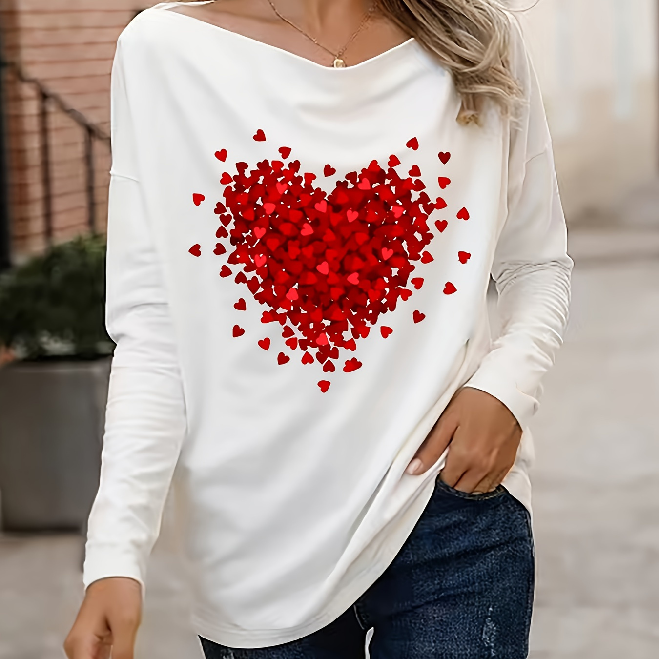 

Heart Print Boat Neck T-shirt, Elegant Long Sleeve Top For Spring & Fall, Women's Clothing