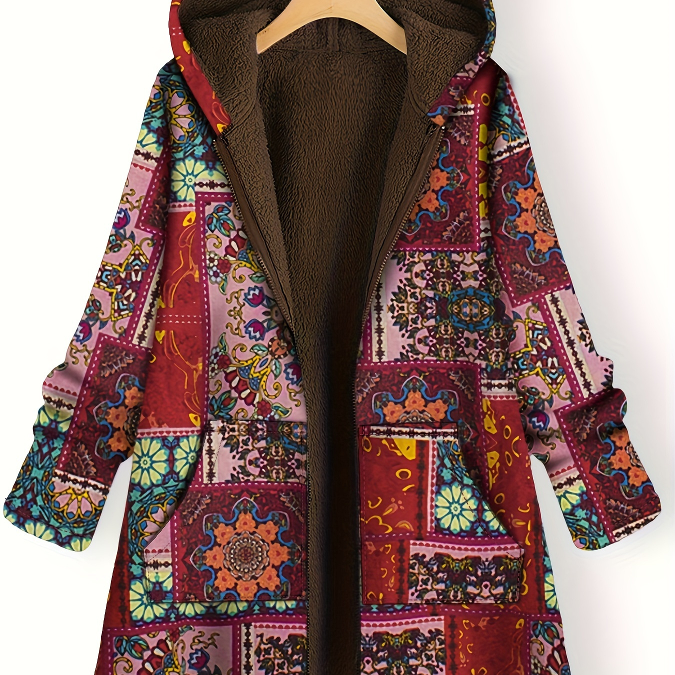 

Plus Size Floral Print Long Sleeve Fleece Liner Hoodie Coat, Women's Plus Plush Button Up Coat