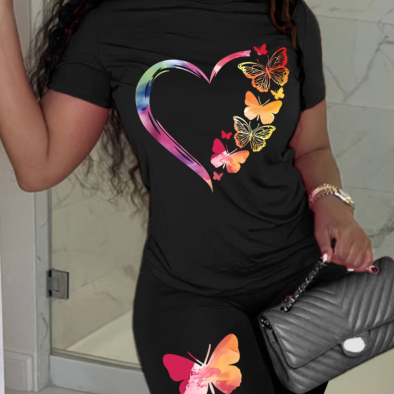 

Butterfly Print Two-piece, Short Sleeve Crew Neck T-shirt & Biker Shorts Outfits, Women's Clothing