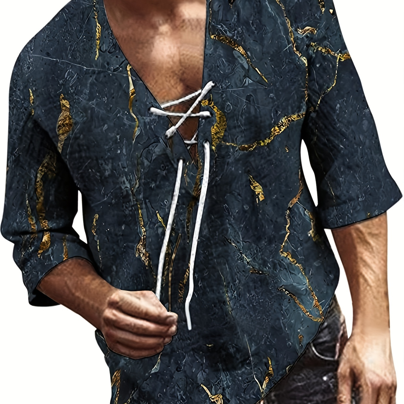 Plus Size Men's Vintage Style 3D Rock Crack Print Henley Shirt With Drawstring, Half Sleeve Hippie Casual T-shirt, Summer Beach Tops For Males, Men's Clothing