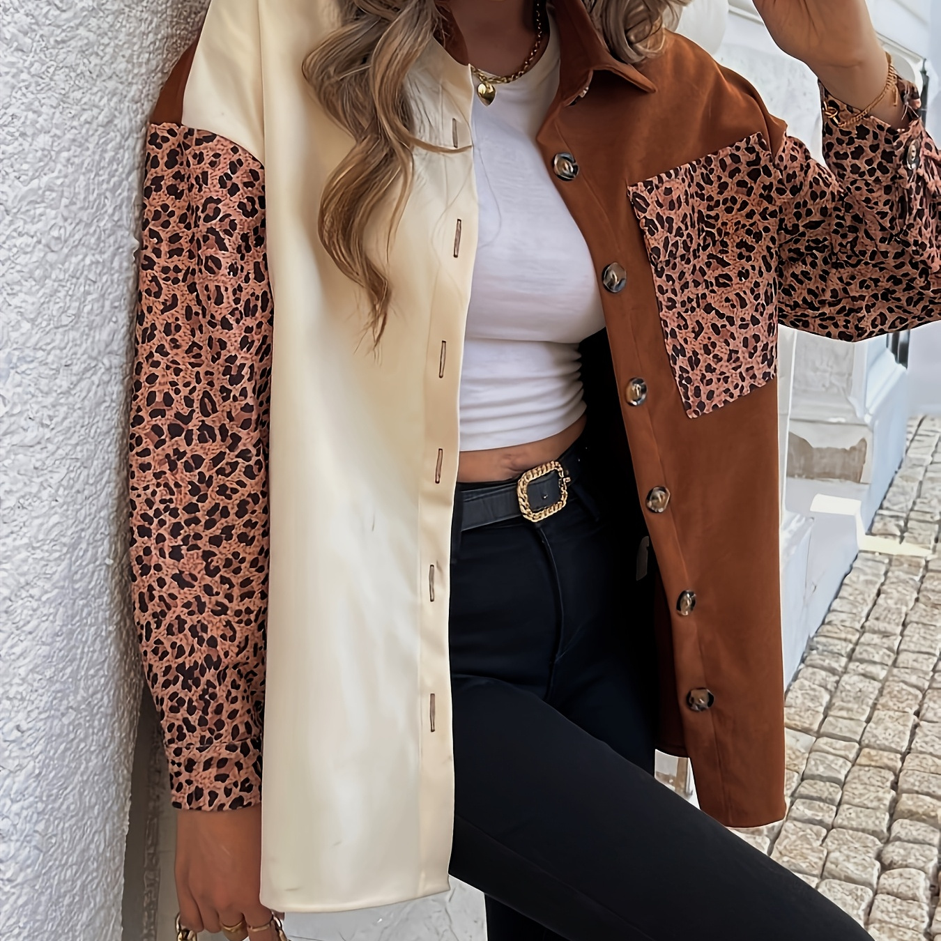 

Leopard Print Button Up Shirt, Casual Drop Shoulder Long Sleeve Breast Pocket Shirt For Spring & Fall, Women's Clothing