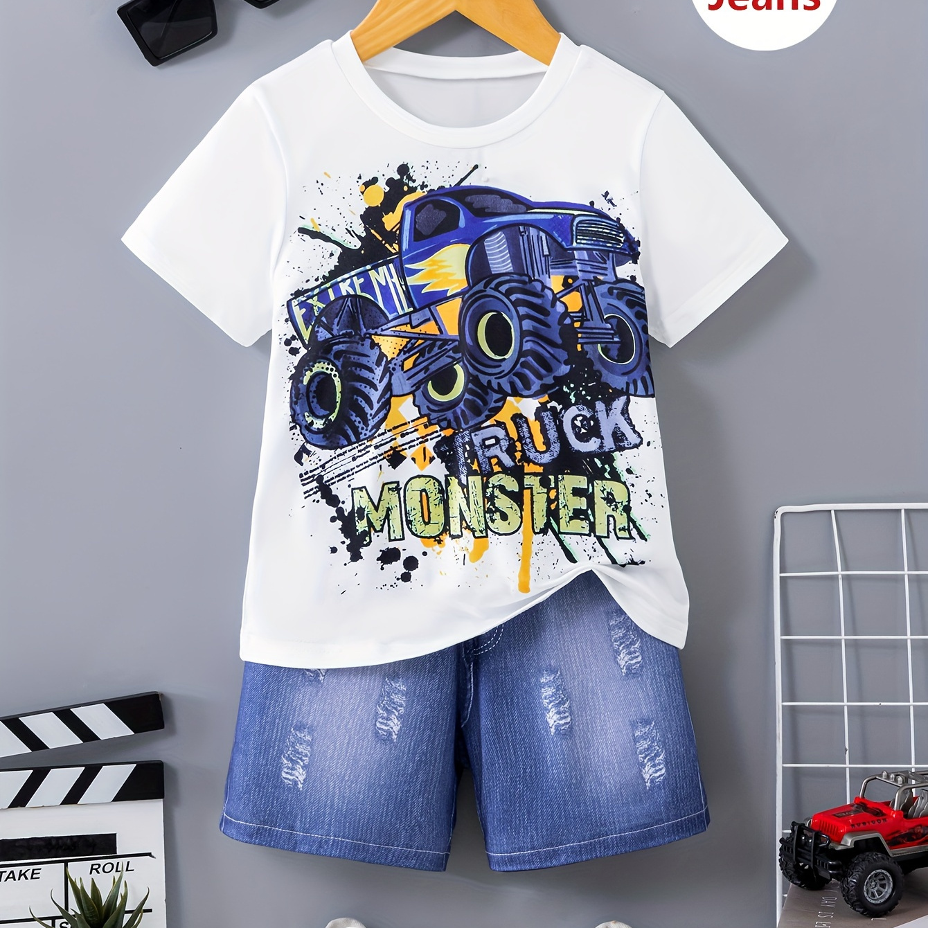 

2pcs Boy's Cartoon Car Fashion Print Knit Short Sleeve T-shirt & Imitation Jean Shorts Set For Summer