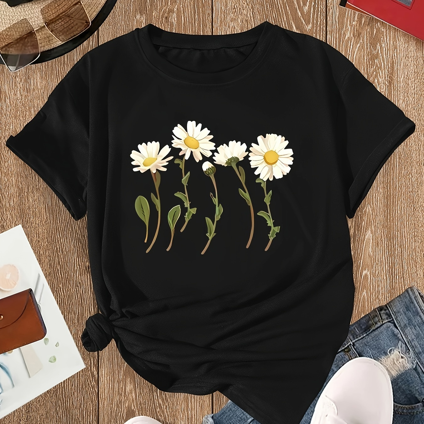 

Daisy Flower Graphic Short Sleeve Sports T-shirt, Round Neck Casual T-shirt Top, Women's Activewear