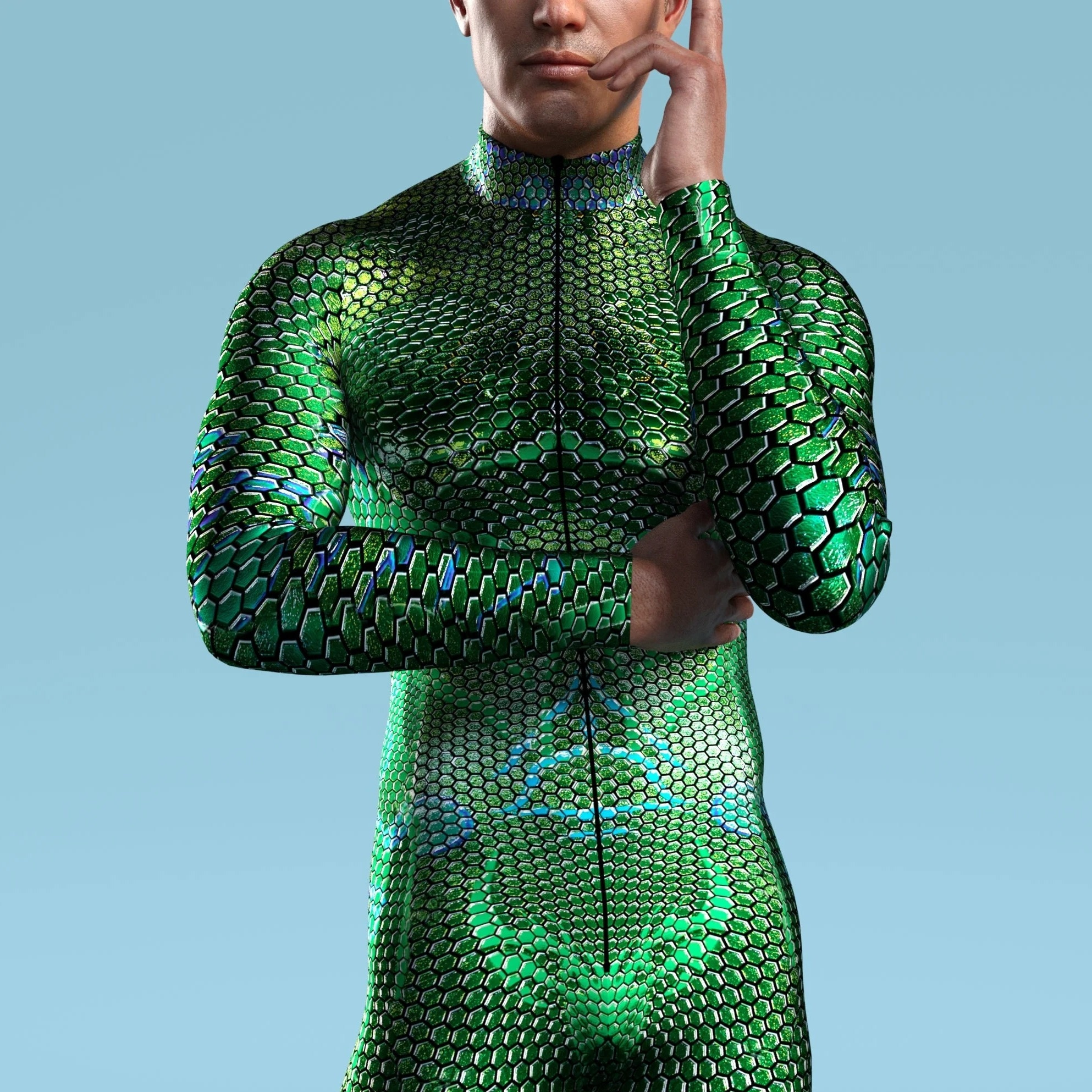 

Green Spandex Full-body Printed Men's Swimsuit Party Cosplay Costume