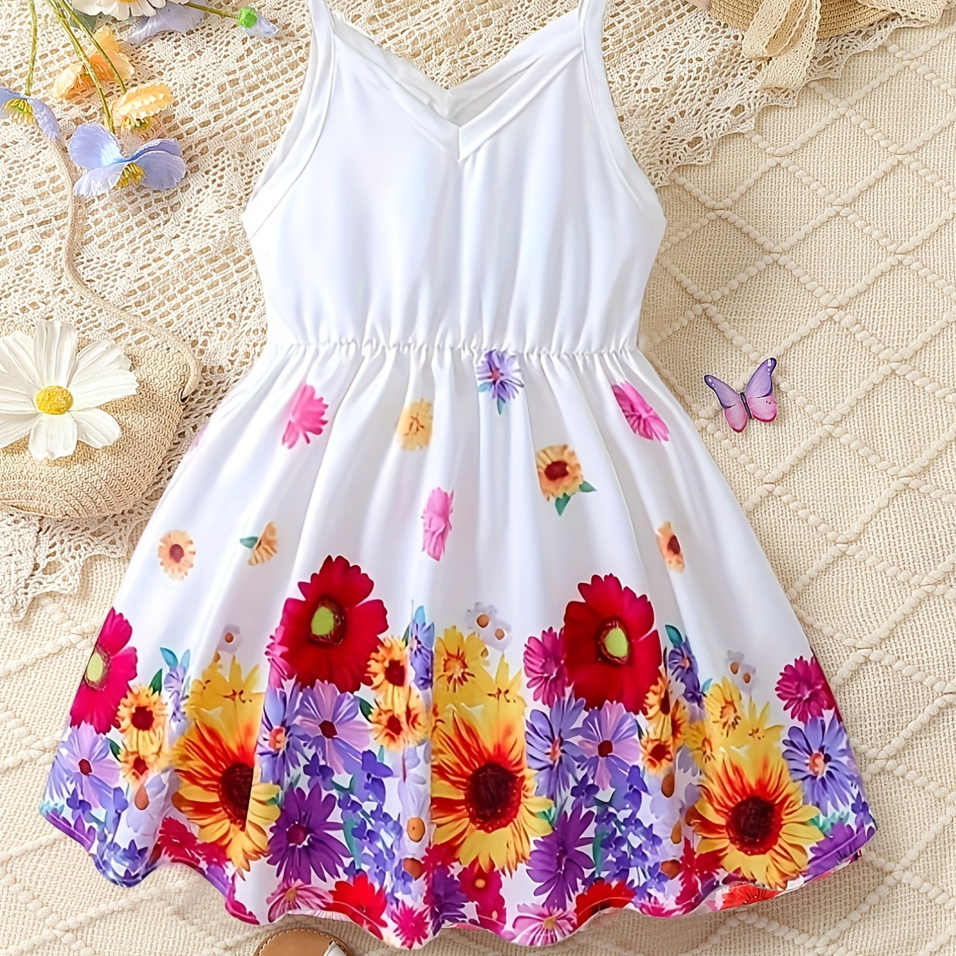 

Girls Boho Floral White Dress Sleeveless Casual Cami Dress For Summer