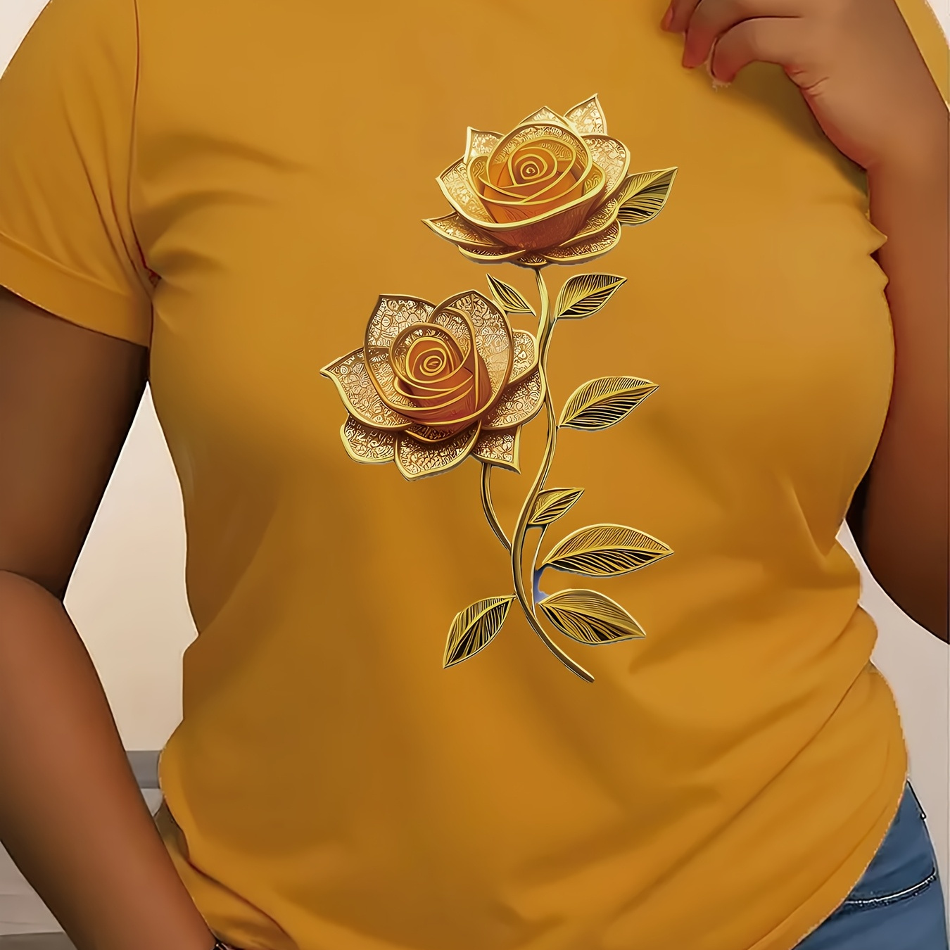 

1pc Elegant Floral Print Women's T-shirt, Casual Crew Neck Short Sleeve, Polyester Knit Fabric, Regular Length, Fashion Top