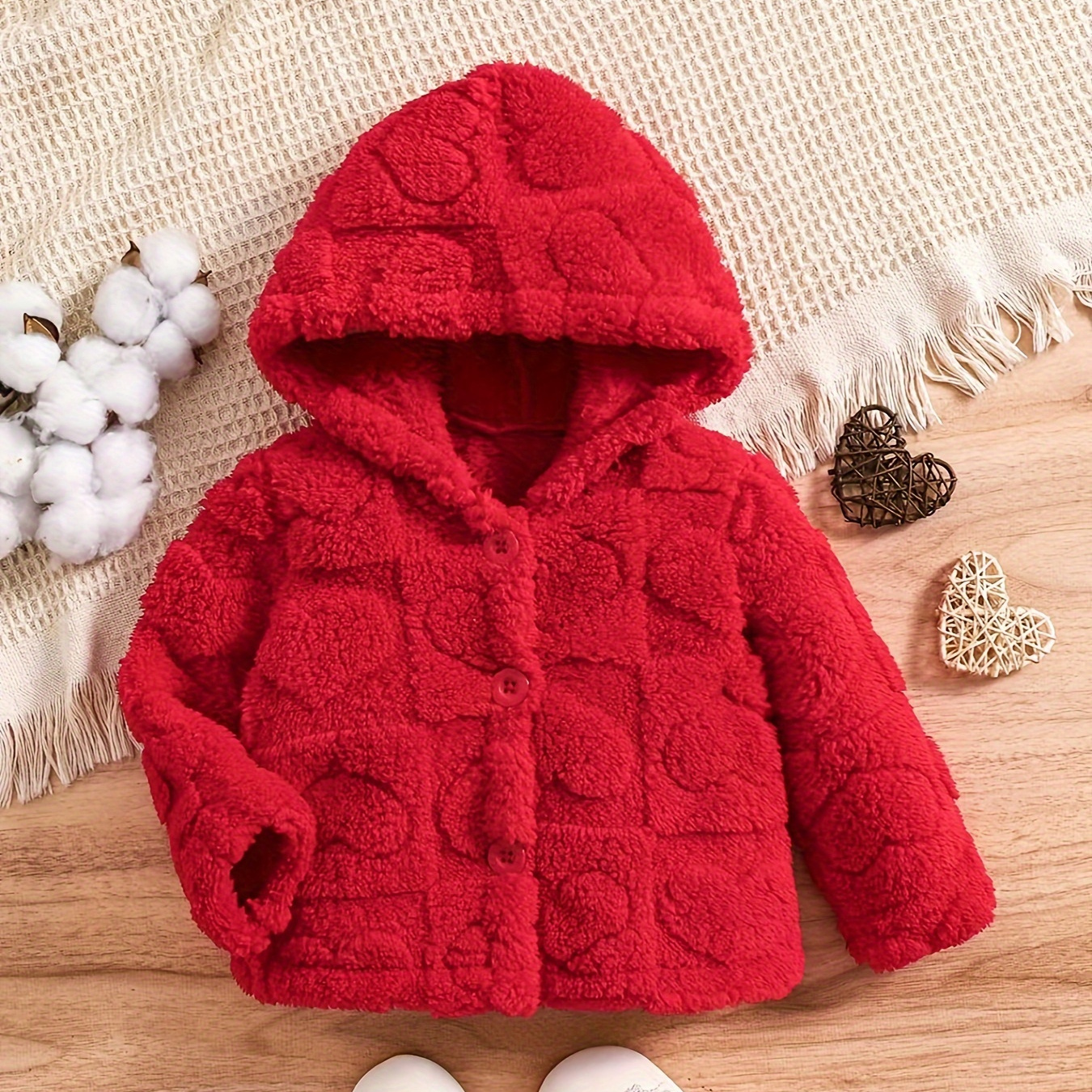 

Baby's Heart Pattern Fleece Hooded Jacket, Casual Button Warm Thickened Coat, Infant & Toddler Girl's Clothing For Winter Fall Outdoor