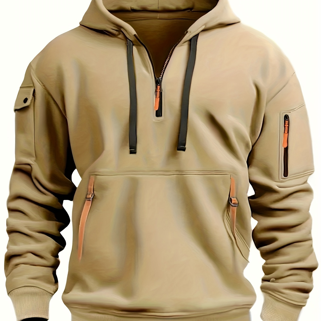 

Men's Casual Sport Half-zip Hoodie With Arm Pocket And Colorful Ribbon Detail, Fashion Pullover Hooded Sweatshirt Outerwear