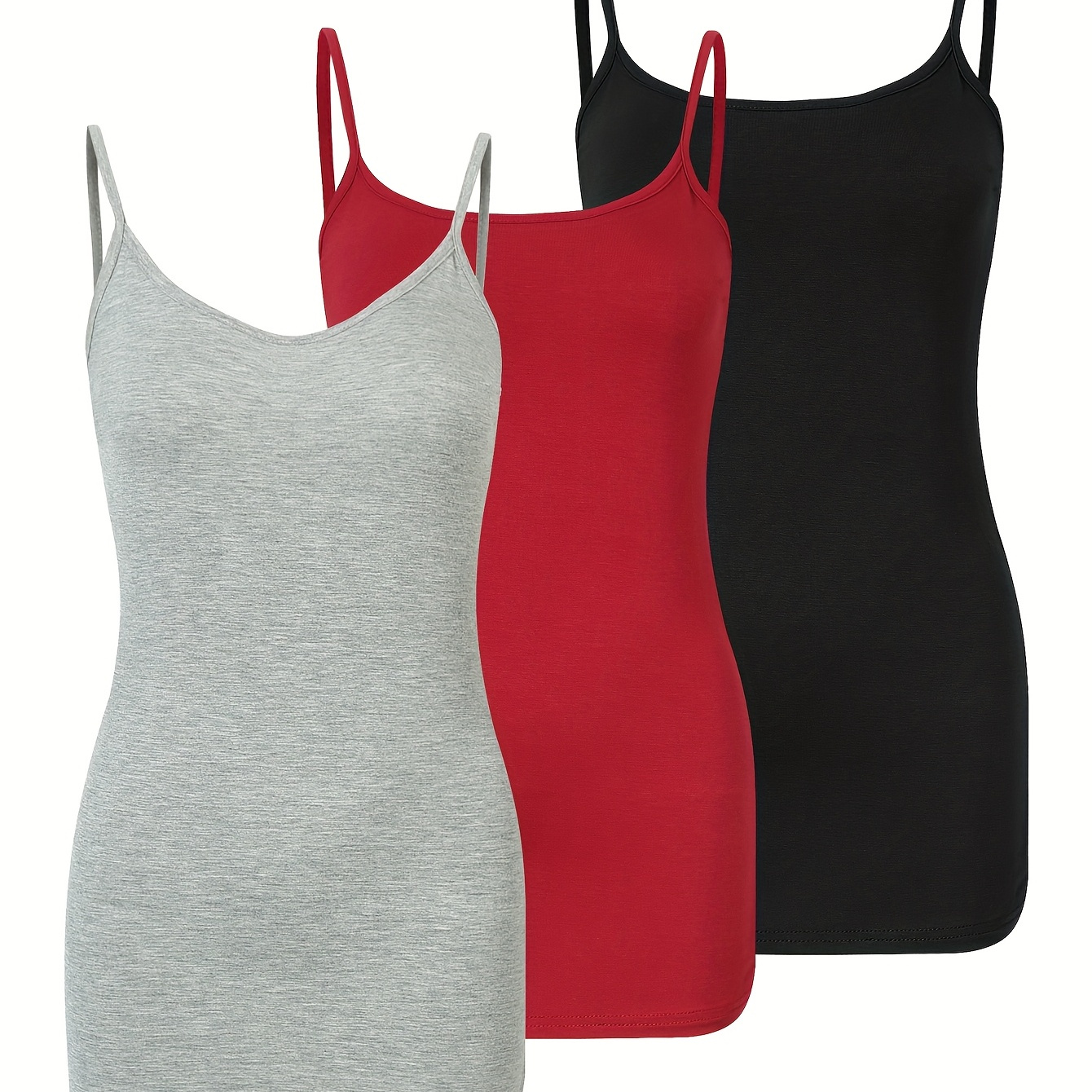 

3-pack Women's Summer Sleeveless Tank Tops, Solid Color Spaghetti Strap Knit Fabric, Casual Rayon/viscose , Lightweight 180g/m², Slingback Style - Grey, Red, Black