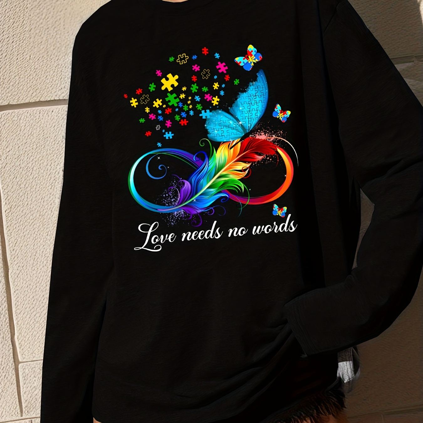 

Autism Awareness Butterfly And Long Sleeve T-shirt - 100% Cotton Casual Crew Neck Top For Women - " No Words" Graphic Knit Tee For All Seasons