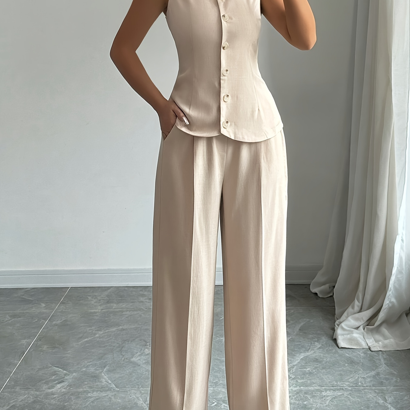 

Women's Elegant Two-piece Set: Chic Button-up Sleeveless Vest & High-waisted Wide-leg Pants - Polyester , Machine Washable, Ideal For Spring/summer, Clothing Set|wideleg Fashion|smooth Texture