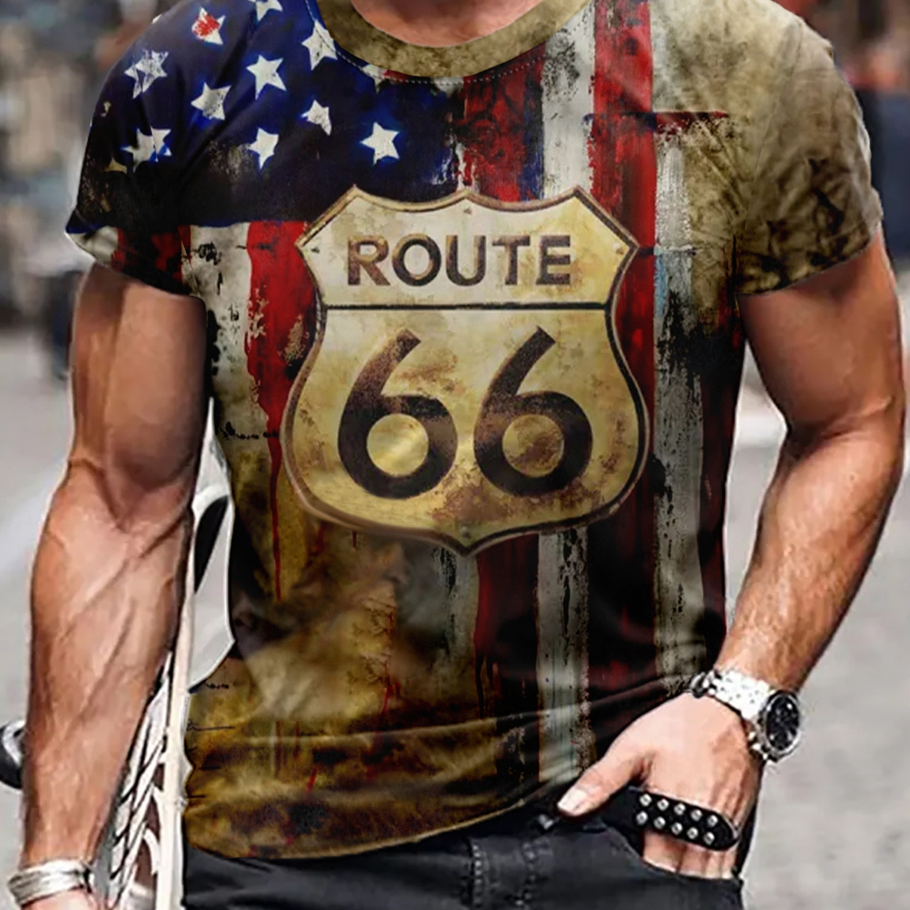 

Men's Stylish Route 66 Pattern Shirt, Casual Breathable Crew Neck Short Sleeve Tee Top For City Walk Street Hanging Outdoor Activities